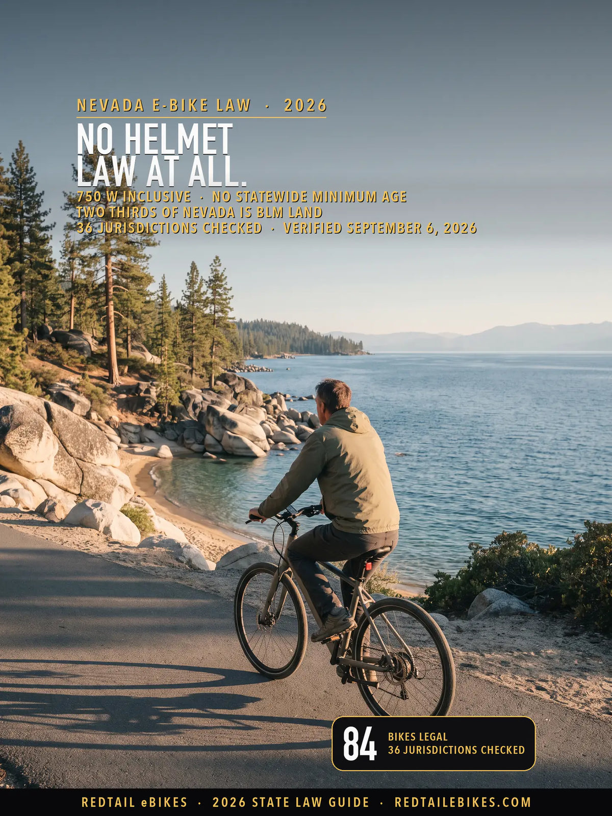 The Tahoe East Shore Trail above Sand Harbor on Lake Tahoe's Nevada side, where a rider crosses granite and pine on a paved path a short distance from Bureau of Land Management ground