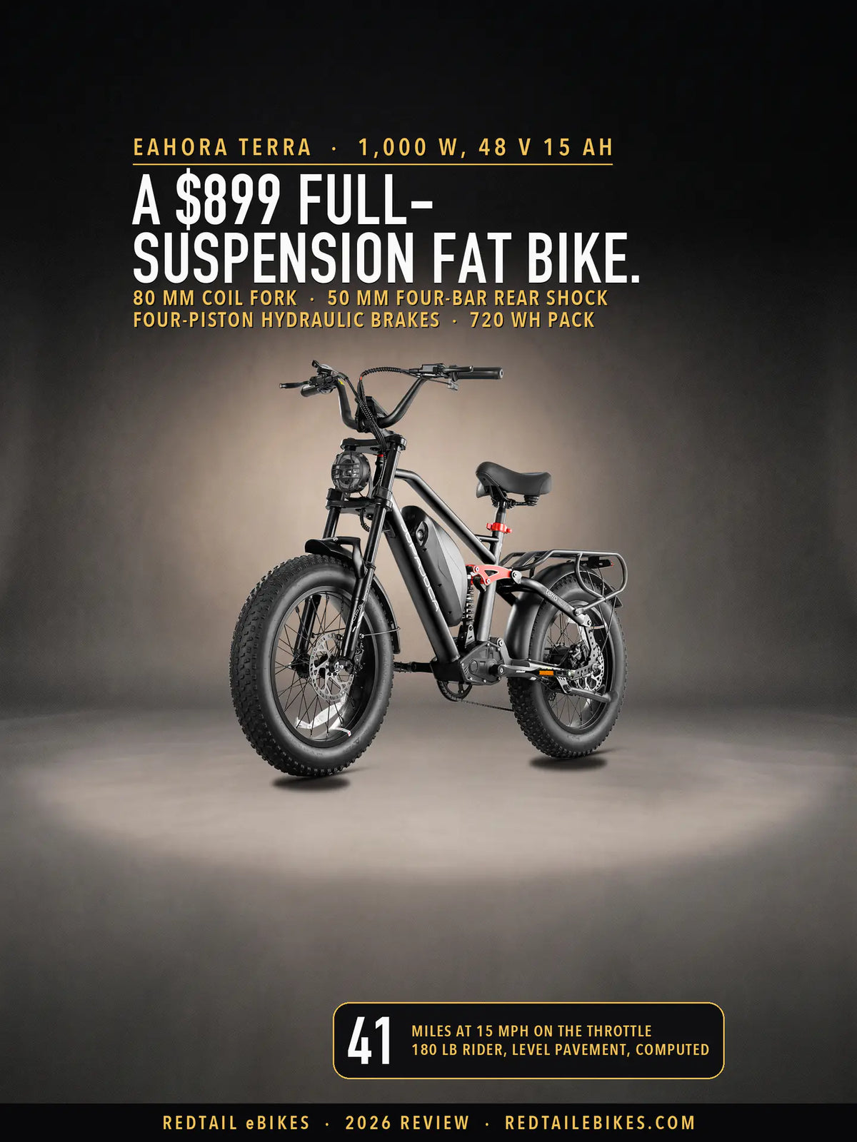 The black Eahora Terra, a full-suspension fat-tire e-bike, in a pool of light in a charcoal studio, under the headline A $899 full-suspension fat bike., with a badge reading 41 miles at 15 mph on the throttle, computed