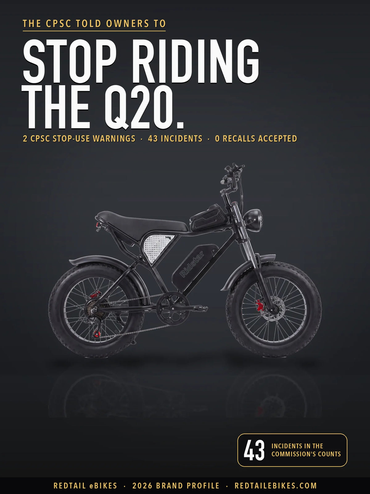 Ridstar Q20 1500W fat-tire electric bike, the model named in both 2026 CPSC warnings, on the cover of this Ridstar ebike brand profile