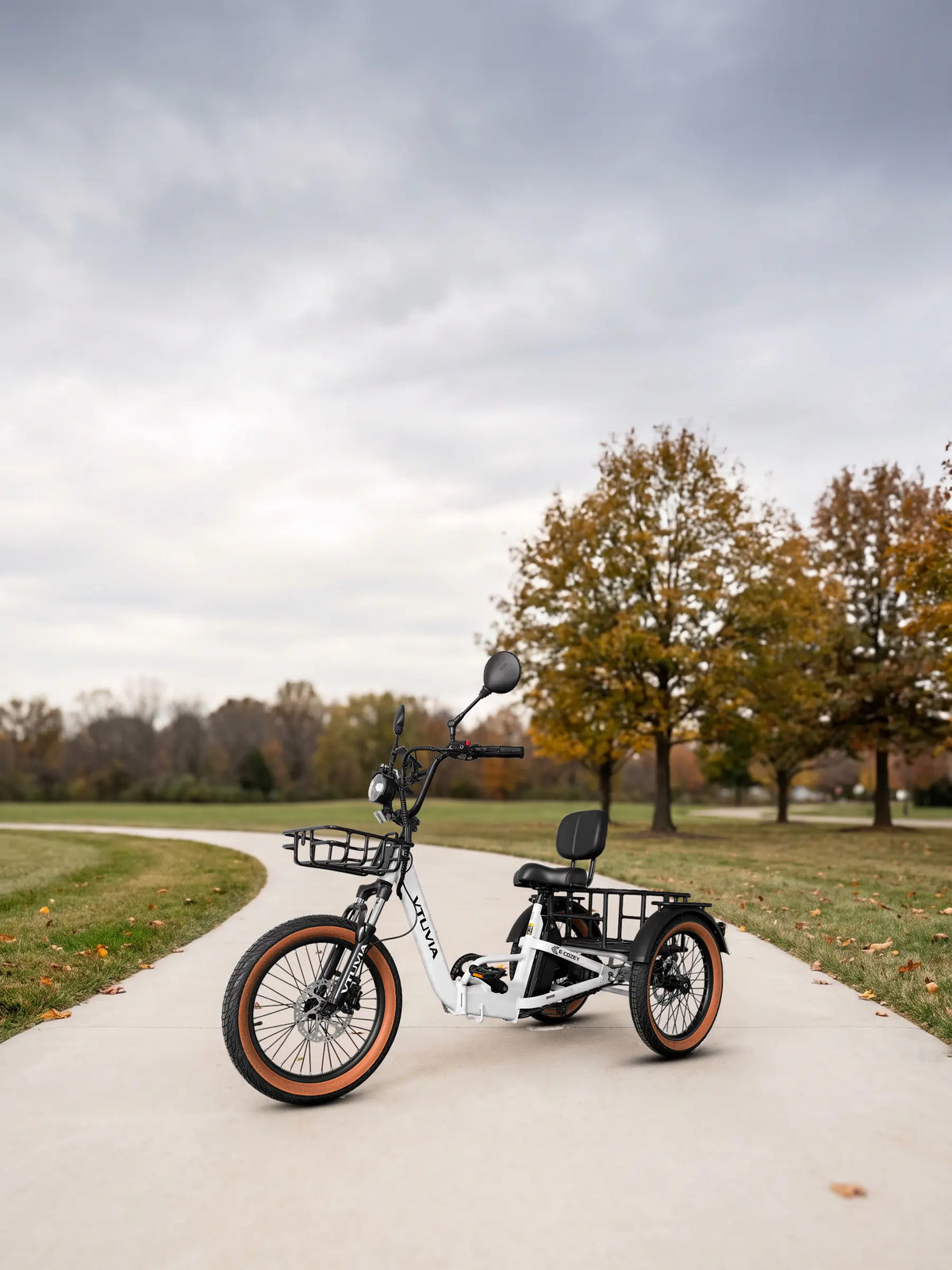 A Pearl White VTUVIA E-Cozy in three-quarter front view, with its front basket, mirrors, backrest and rear basket, on a curving park path under autumn trees