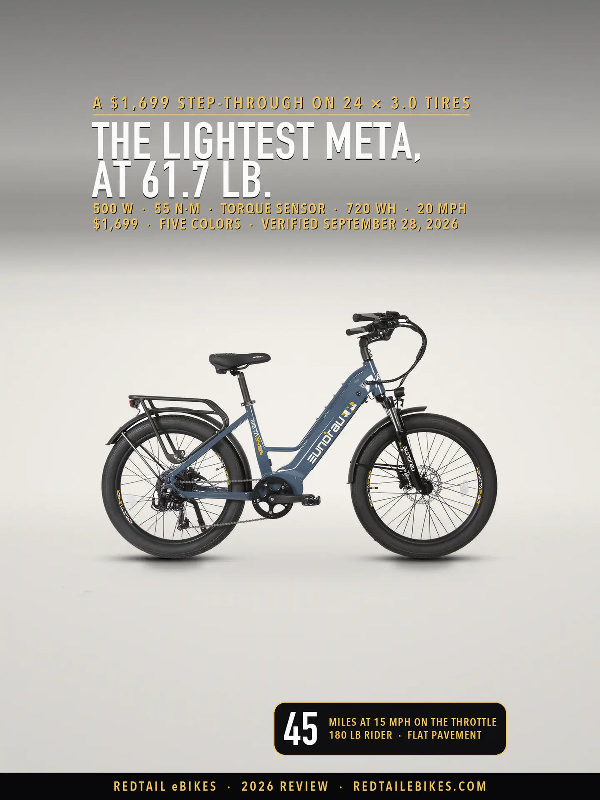 The Eunorau META24 1.0 step-through city e-bike in Steel Blue, drive side, on a light studio floor
