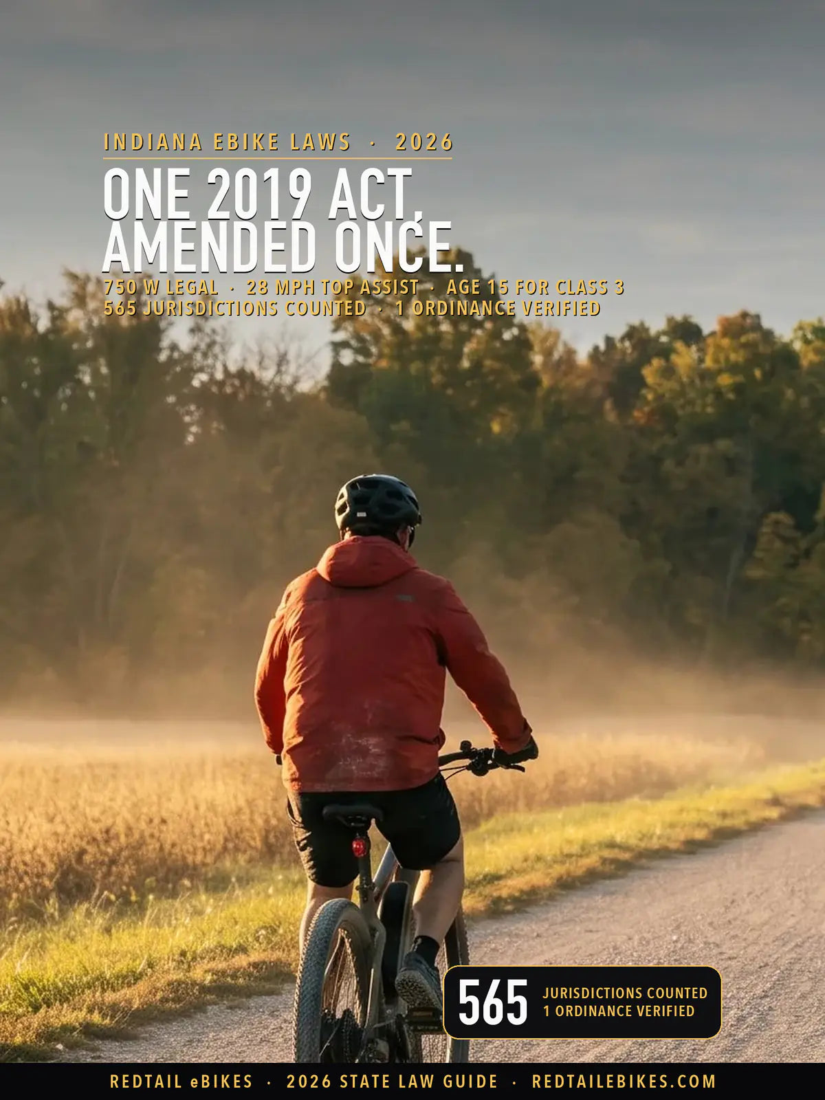 Cyclist on an electric bike riding a crushed-limestone rail trail between Indiana farm fields at sunrise