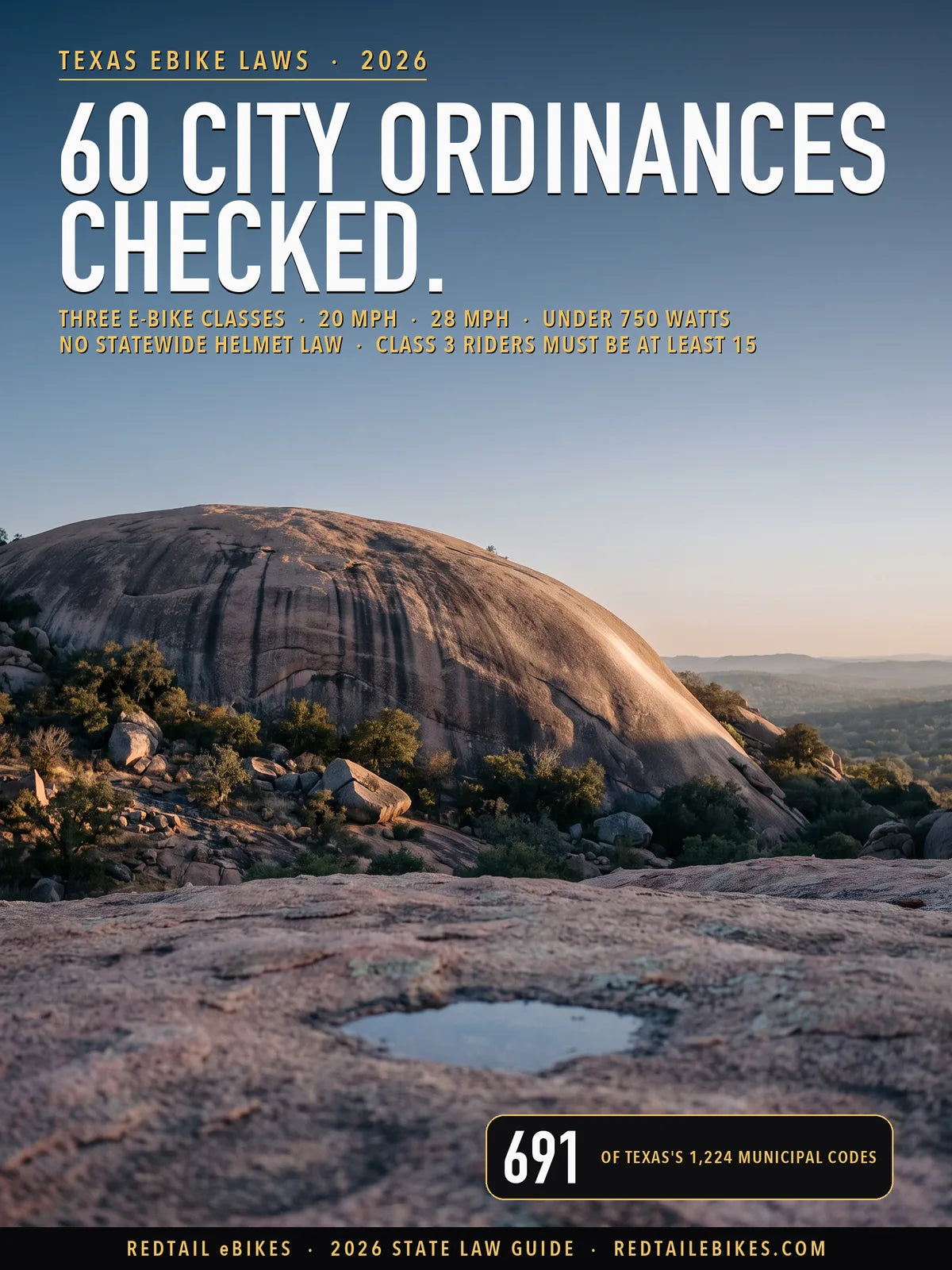 Texas e-bike law 2026 cover: 60 city ordinances checked, three e-bike classes, 20 and 28 mph, under 750 watts, over the granite dome at Enchanted Rock