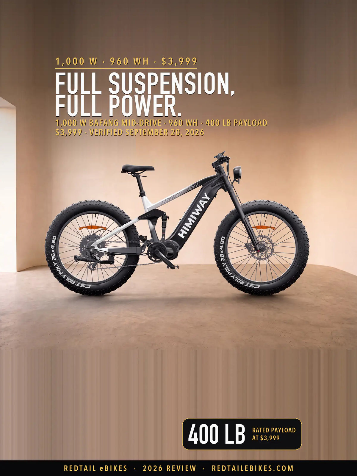 Himiway D7 Pro full-suspension electric mountain bike on a studio floor, side profile, showing fat tires, mid-drive motor and front fork