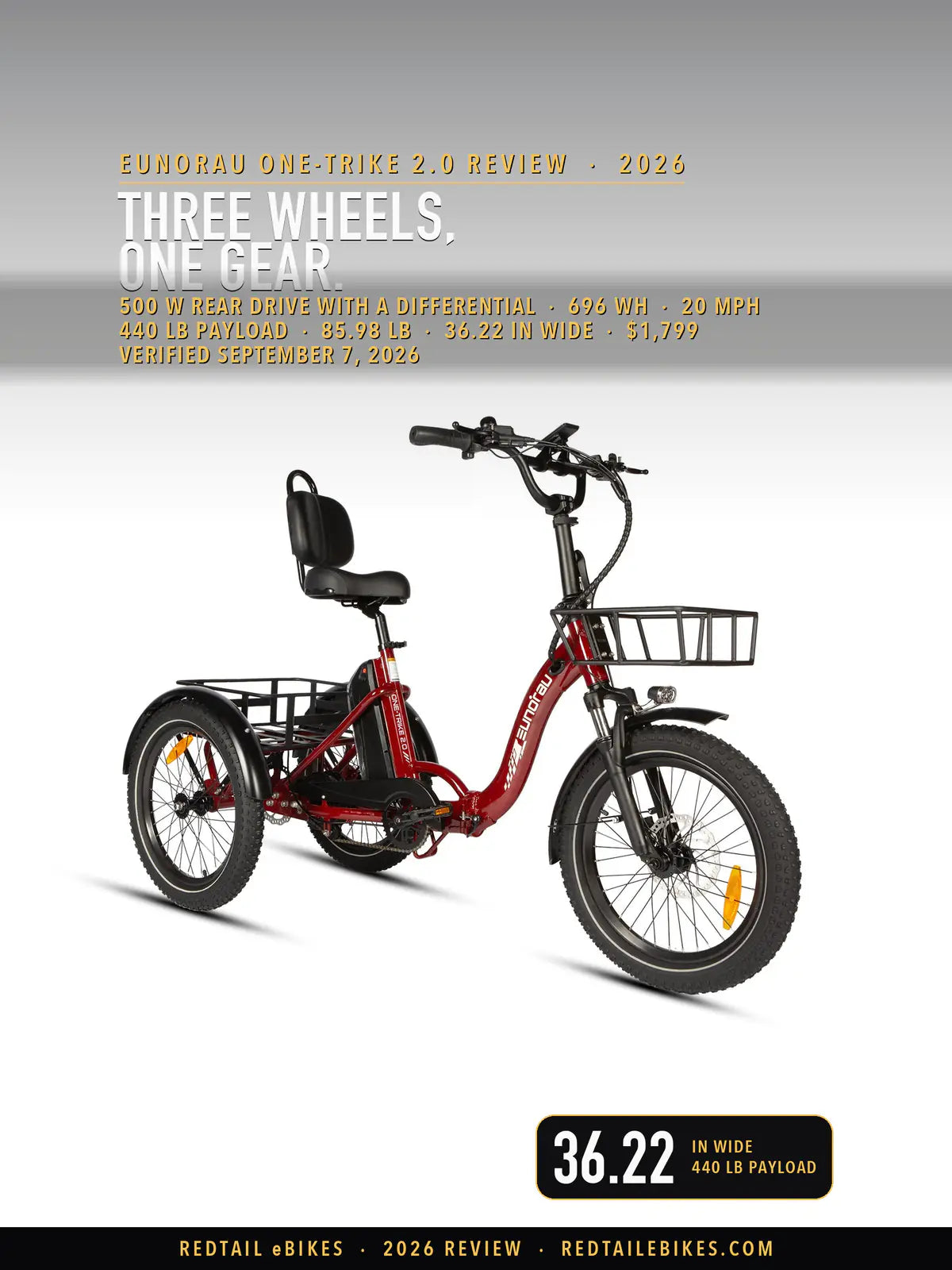 Eunorau ONE-TRIKE 2.0 electric trike in deep crimson, studio side profile showing the two rear wheels, rear cargo bed and front basket