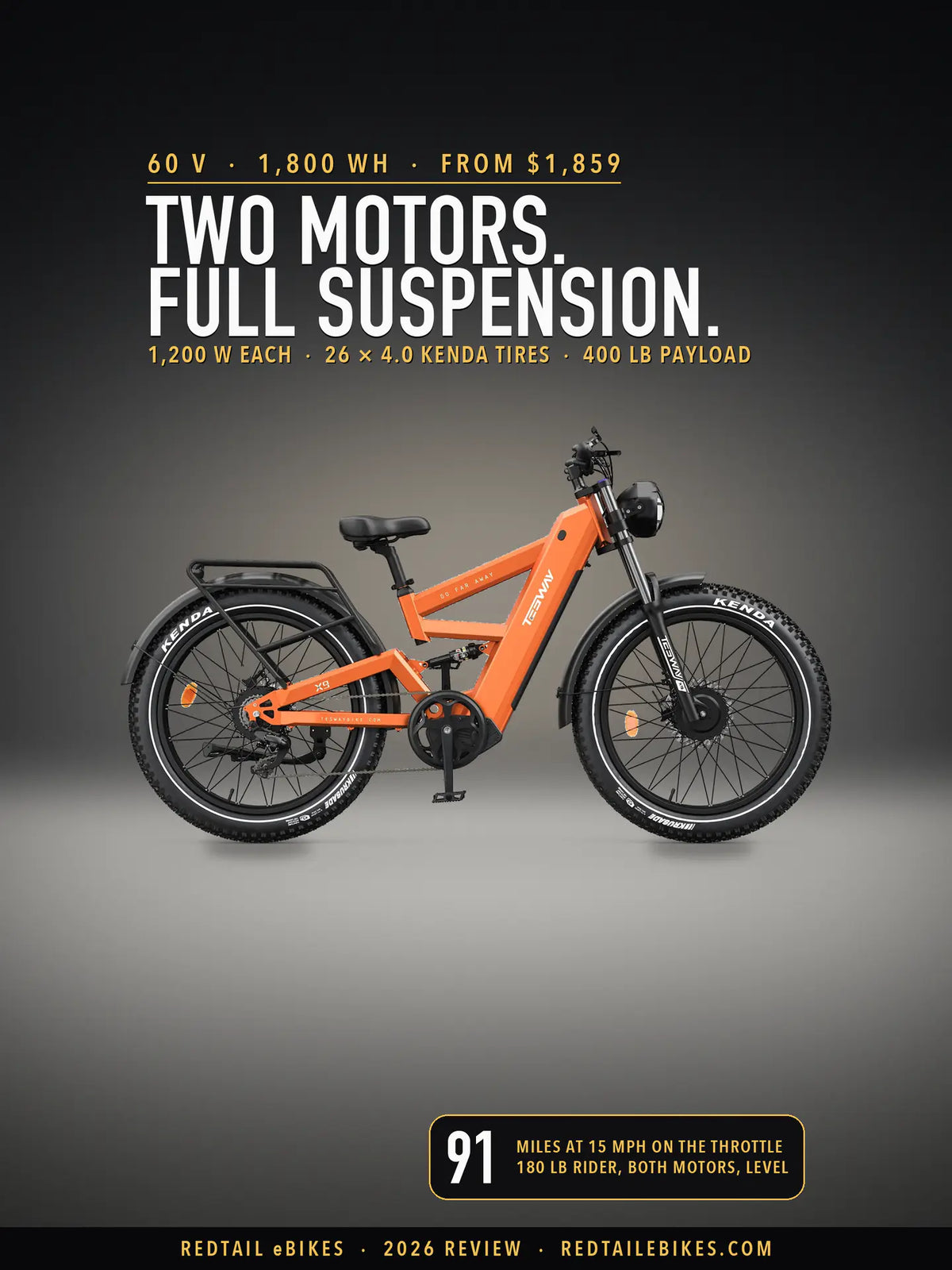 Tesway X9 Ultra in Orange on a lit studio floor against a dark wall, side view, under the headline Two motors. Full suspension. and a badge reading 91 miles at 15 mph on the throttle, 180 lb rider, both motors, level