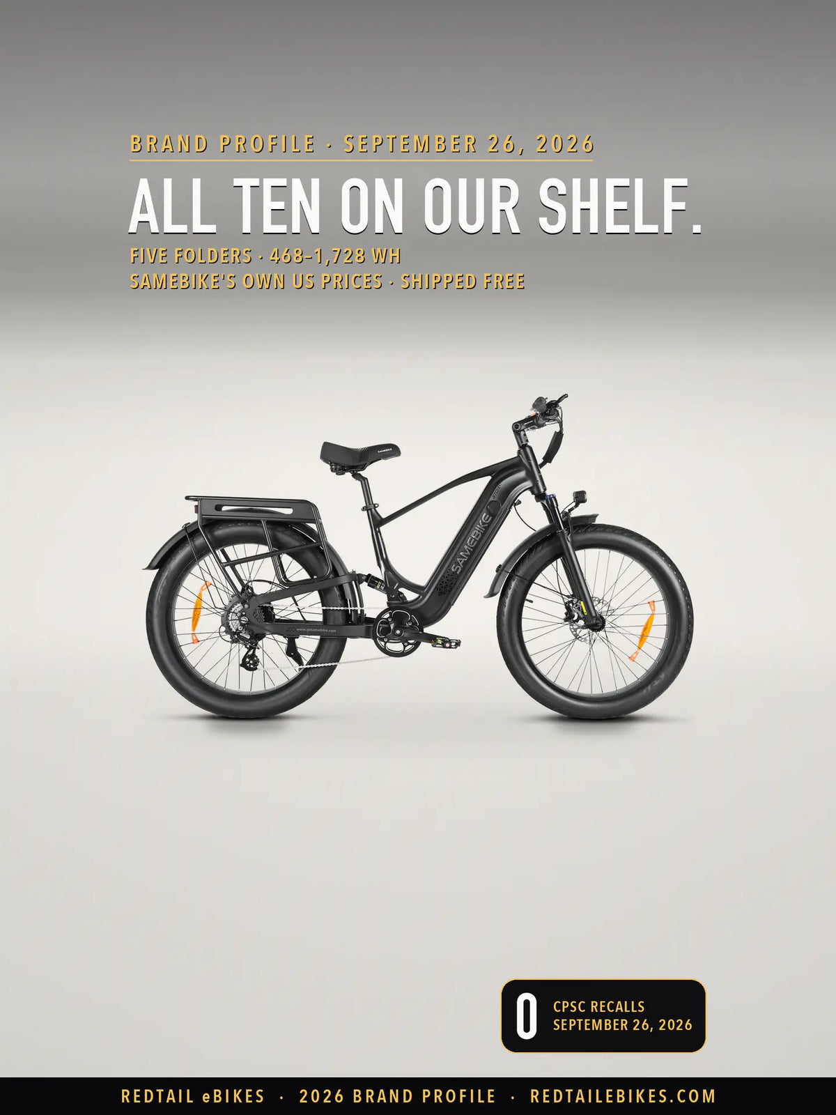 Samebike STORM fat-tire e-bike in Black on a light studio floor, side view, under the headline all ten on our shelf