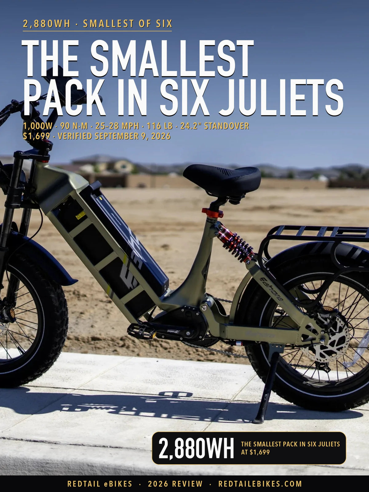 Eahora Juliet Long-Range parked on a concrete curb above a desert lot at midday, no rider