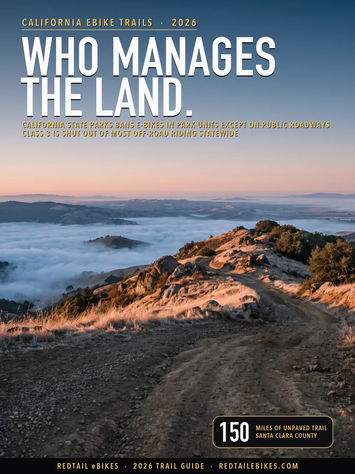 California e-bike trails 2026 cover: who manages the land, State Parks rules and Class 3 limits, over the fog-filled valley from Mount Diablo