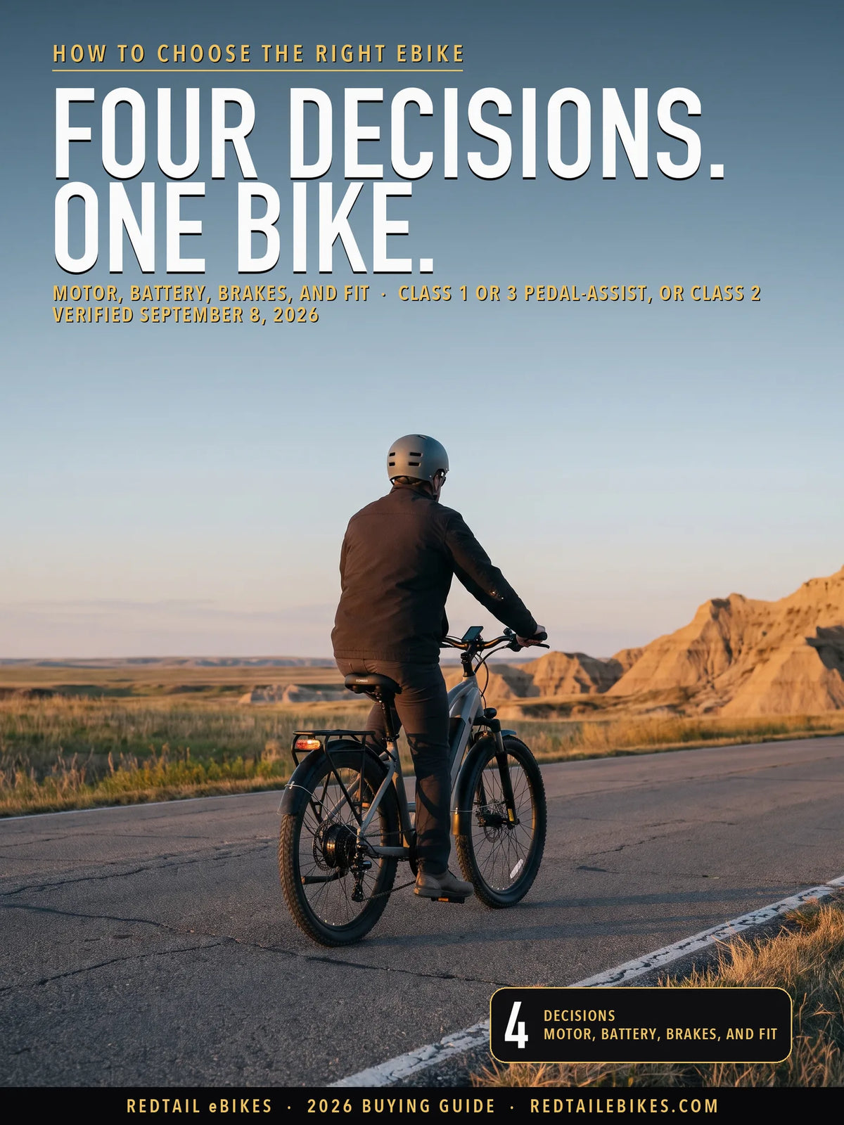 electric bike buying guide cover: a rider on an electric bike at Badlands Loop Road (SD 240), Badlands National Park, South Dakota, with the headline FOUR DECISIONS ONE BIKE and the stat 4 decisions
