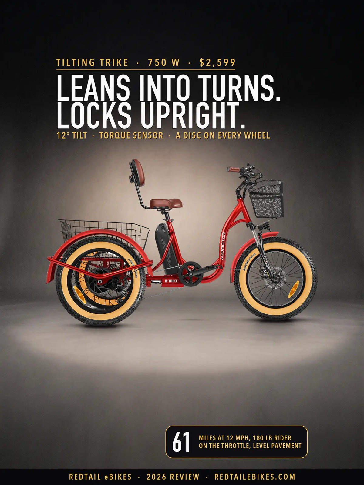 Addmotor U-Trike U-750 in Red standing side-on in a spotlit charcoal studio, under the headline Leans into turns. Locks upright. and a badge reading 61 miles at 12 mph