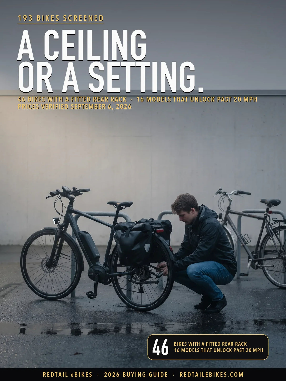Best electric bikes for school: a student wheeling a rack-equipped commuter e-bike past a campus bike rack on a wet autumn morning