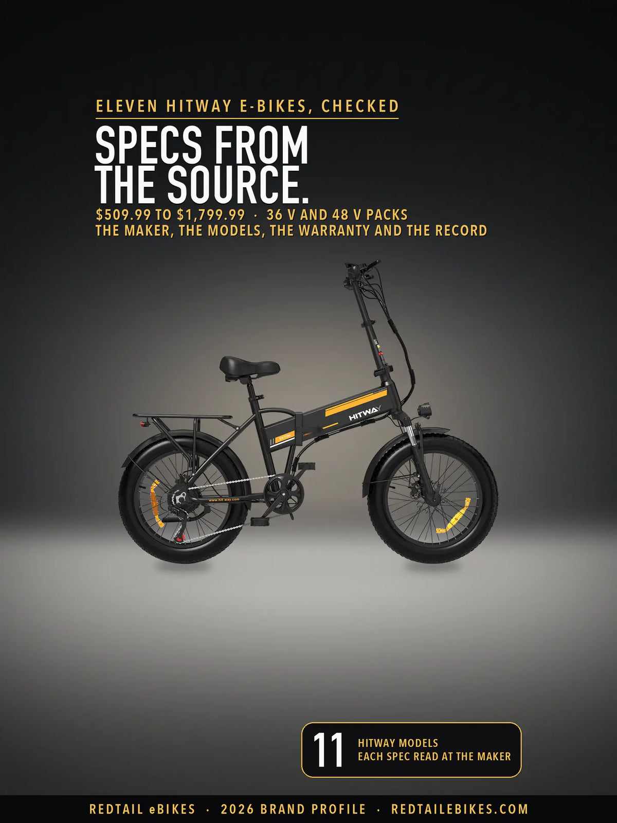 Hitway BK10M folding e-bike in black with orange stripes on a dark studio floor, under the headline Specs from the source, with the kicker Eleven Hitway e-bikes, checked and the stat 11 Hitway models