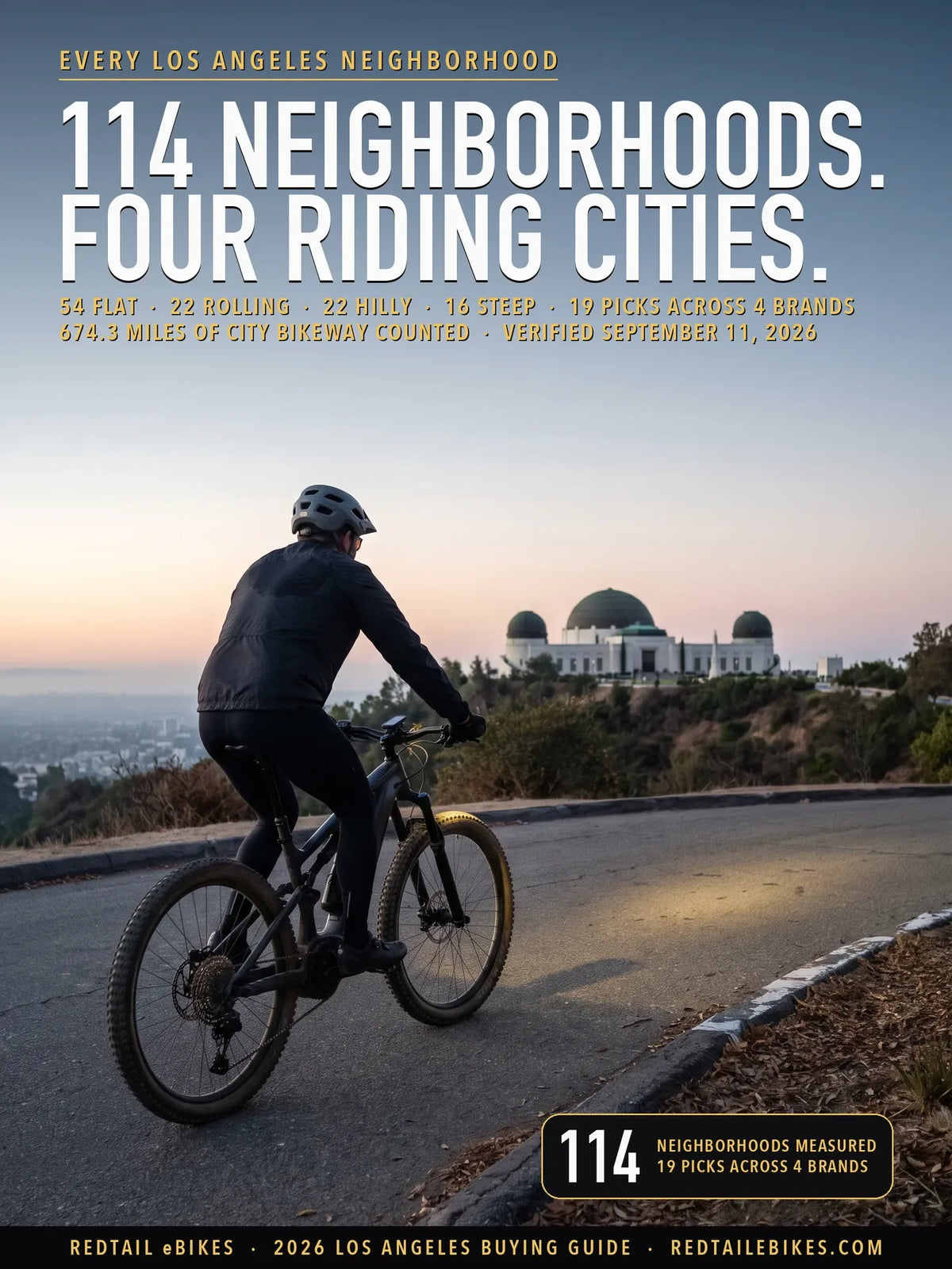 A rider climbing West Observatory Road below Griffith Observatory in Los Angeles before sunrise, the city under haze below