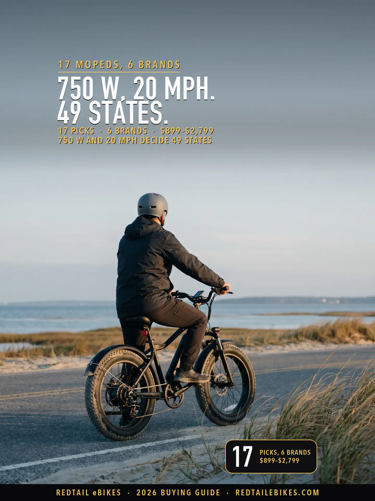 electric moped cover: a rider on an electric bike at Bayside Drive, Assateague Island National Seashore, Maryland, with the headline 750 W, 20 MPH 49 STATES and the stat 17 picks, 6 brands