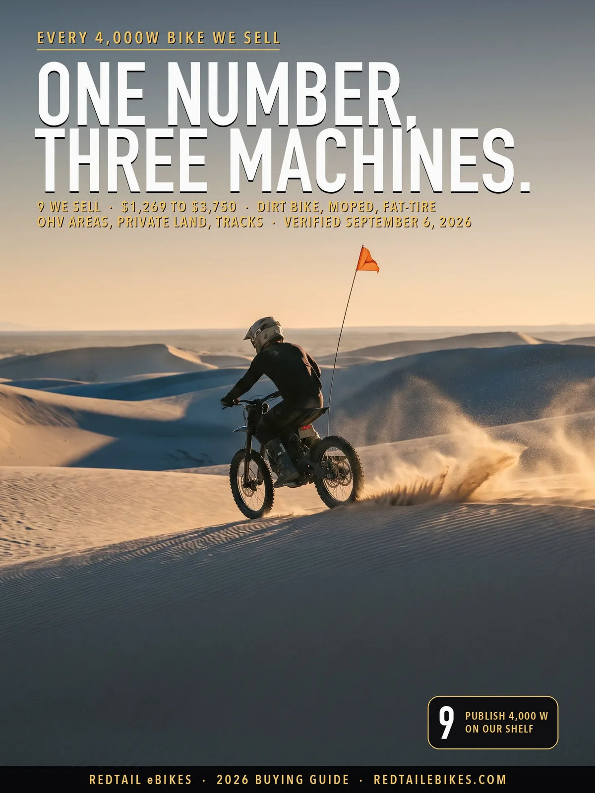 A 4,000W electric dirt bike cresting a sand dune at Imperial Sand Dunes Recreation Area in southeast California at golden hour, an orange safety flag on a whip mast behind it