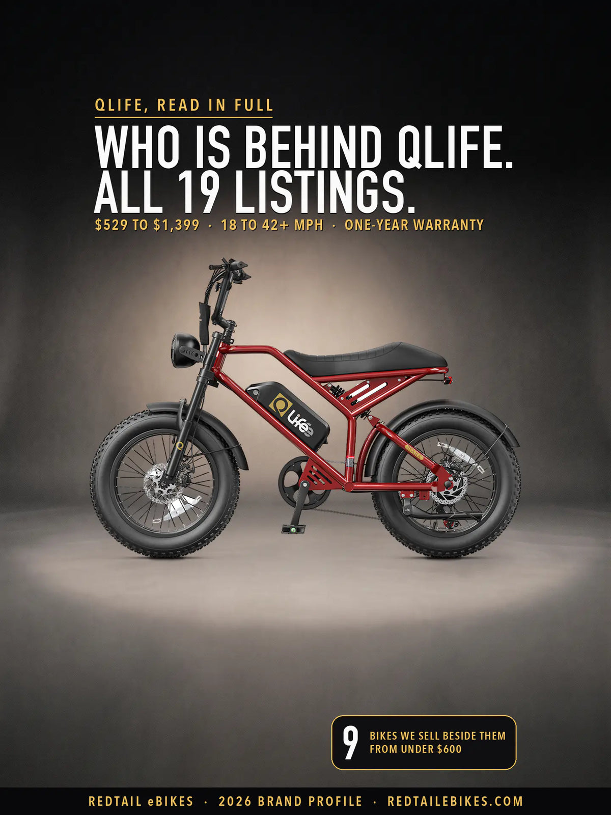 Qlife's own photograph of its Spark in Red in a studio scene we generated, under the headline Who is behind Qlife. All 19 listings., with $529 to $1,399 · 18 to 42+ mph · one-year warranty and a badge: 9 bikes we sell beside them, from under $600