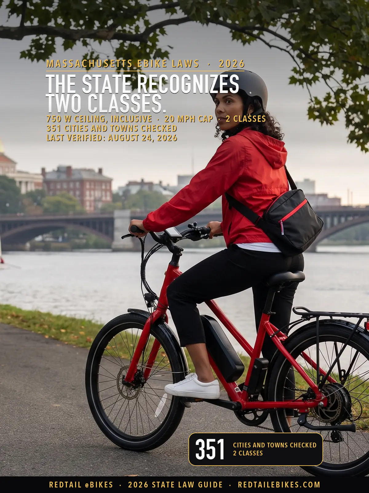 Rider in a fitted helmet on a red electric commuter bike with a downtube battery and rear hub motor, stopped on the paved Charles River path in Boston, the Longfellow Bridge and the gold-domed Massachusetts State House across the water