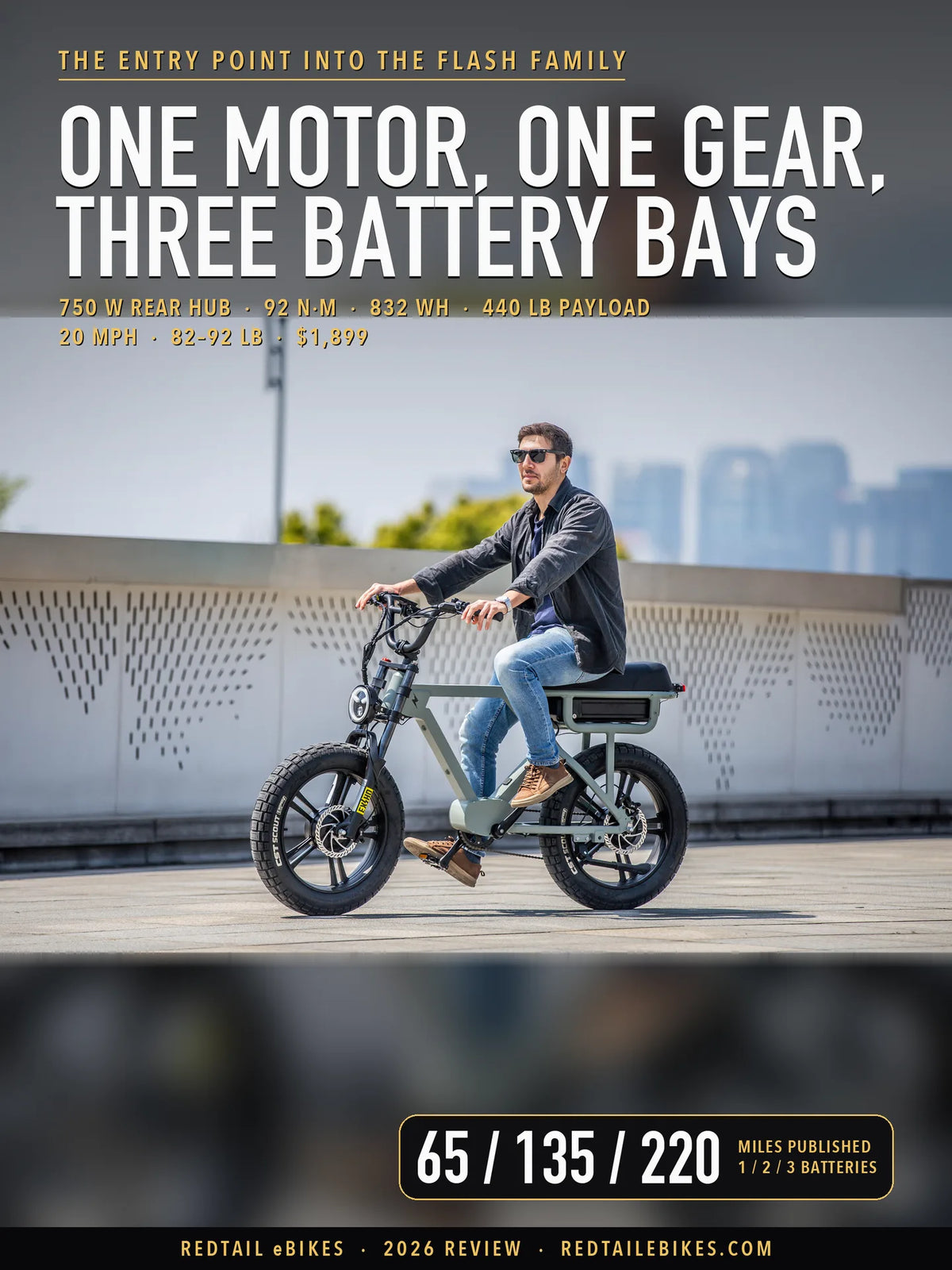 Eunorau FLASH LITE 2.0 moto-style electric bike in Lunar Dust with a rider seated on it, stopped on a city plaza with a skyline behind