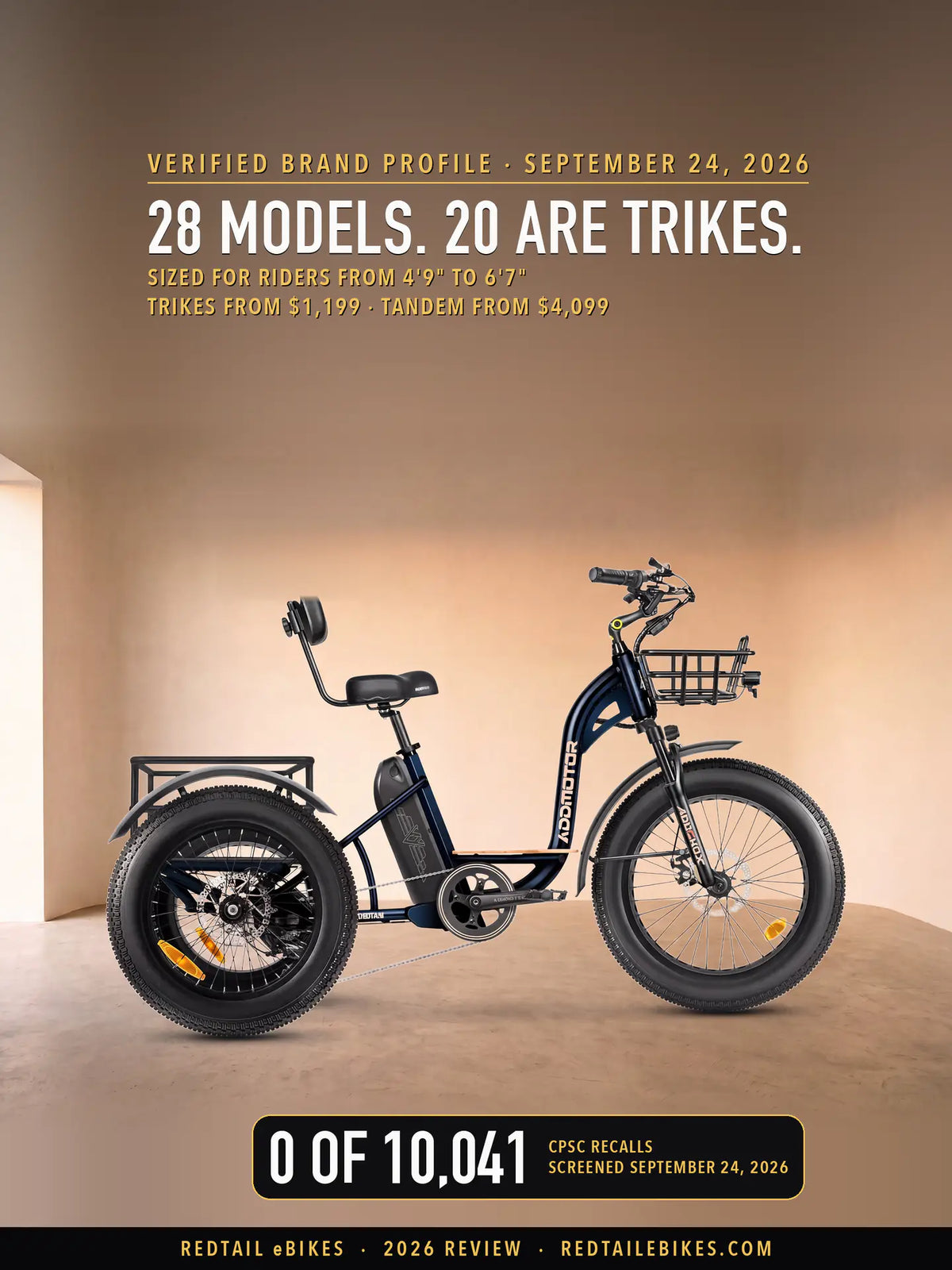 Addmotor Grandtan M-340 electric trike in a studio under the headline 28 models, 20 are trikes