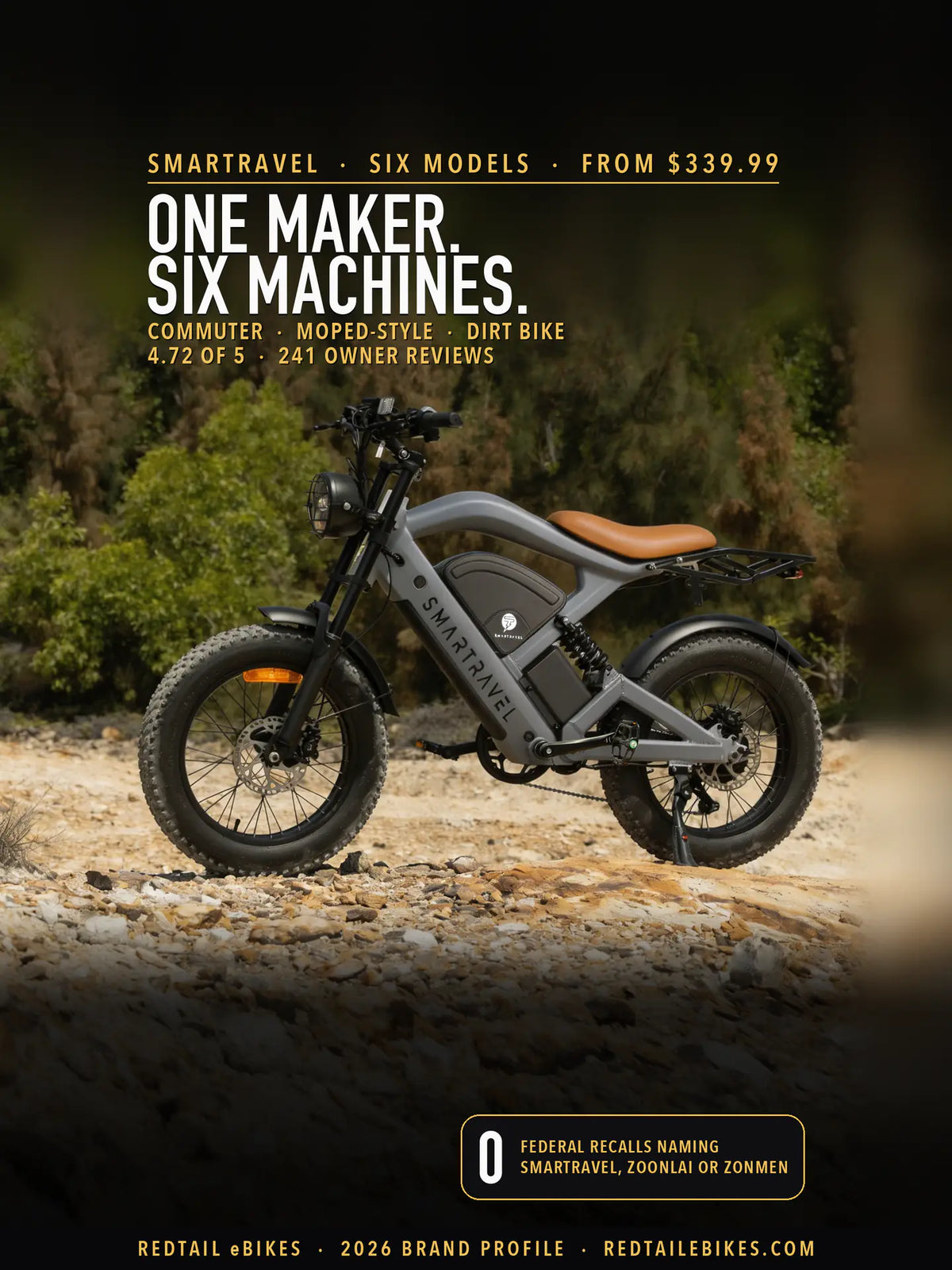 Smartravel Raptor ST202 in grey parked on rocky ground before a stand of trees, side view, on the Smartravel brand profile