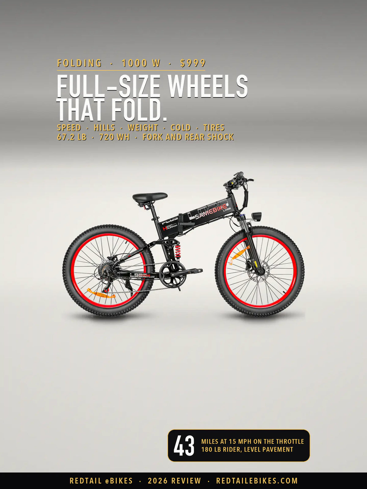 Samebike LO26 Plus folding fat-tire electric bike in Black on a light studio floor, drive-side profile with the SAMEBIKE wordmark on the main beam, red rims, a suspension fork and a red coil rear shock
