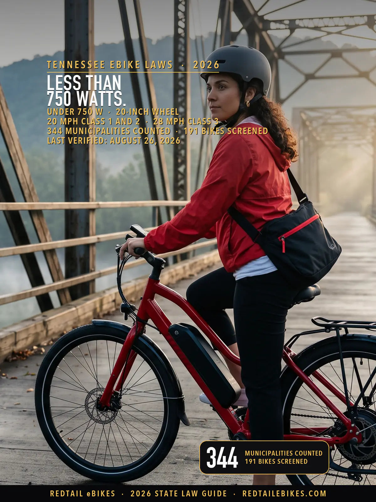 Rider in a fitted helmet on a red electric commuter bike on a greenway bridge over a Tennessee river at dawn, forested ridge and river mist behind, steel truss framing the path