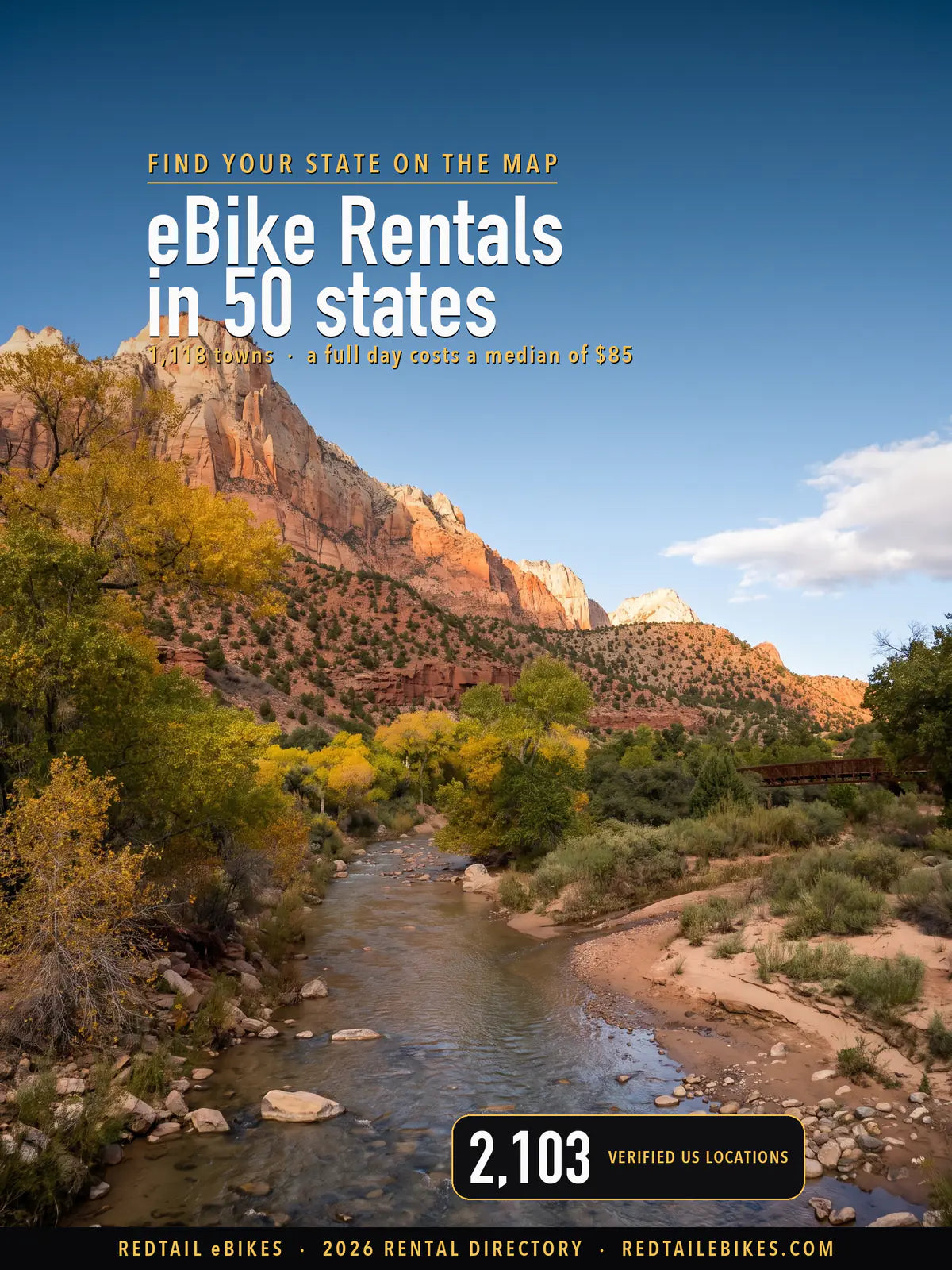 Cover reading eBike Rentals in 50 states over Zion National Park's Pa'rus Trail and the Virgin River in autumn, with 2,103 verified US locations