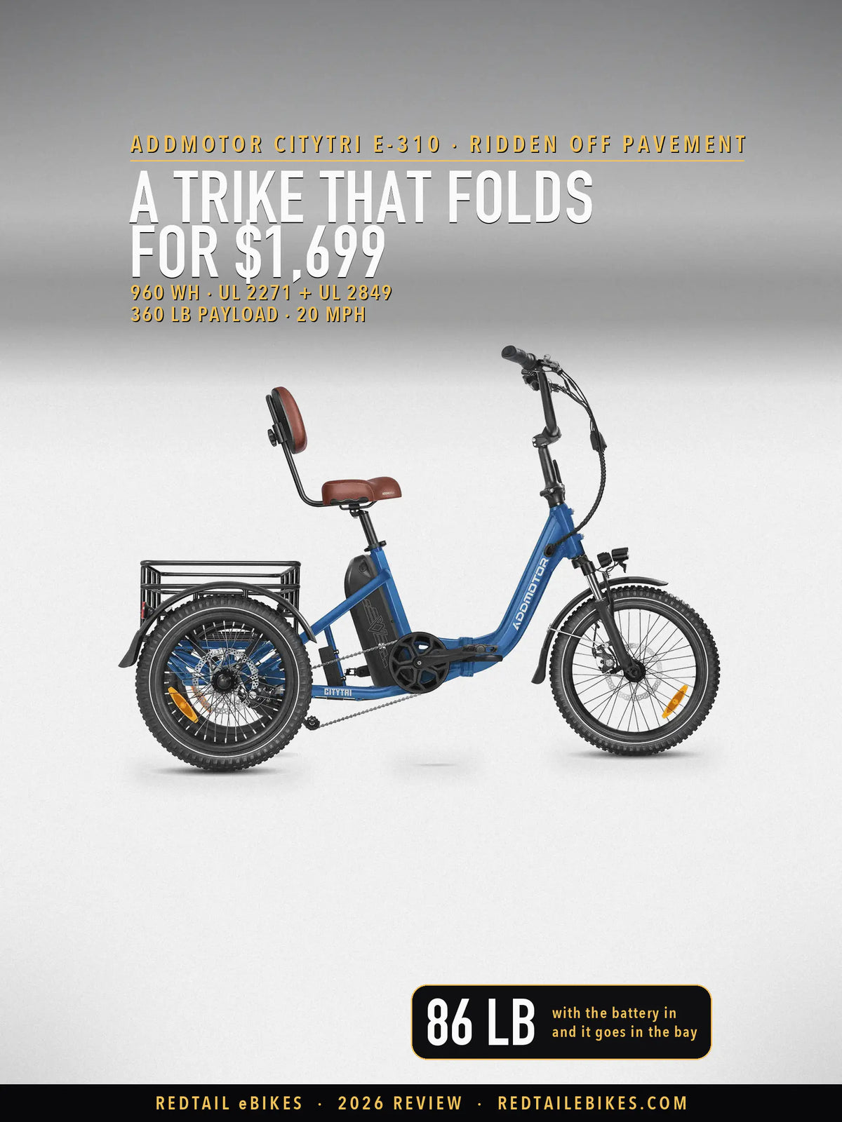 Addmotor Citytri E-310 folding electric trike in Neptune Blue, side view on a studio floor, showing the backrest saddle, rear basket and 20-inch wheels