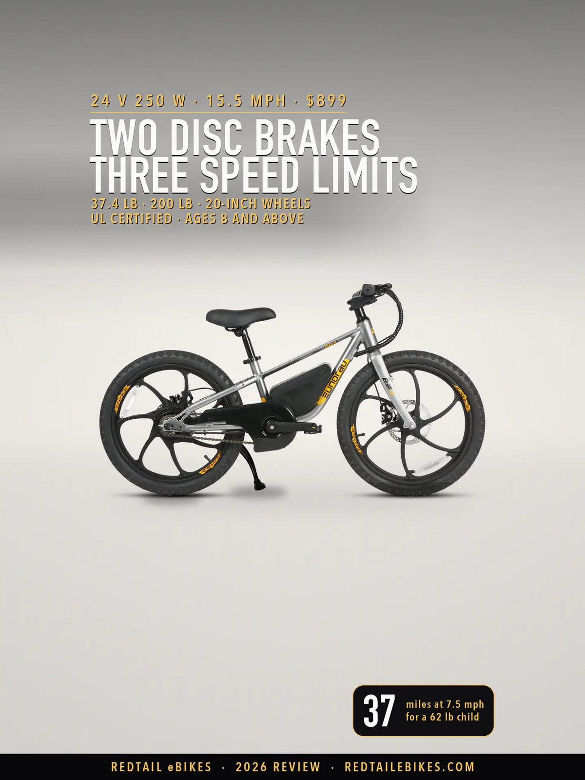Cover: Eunorau EKIDS20 kids' electric bike in Graphite, side view on a warm gray studio floor. Type reads 24 V 250 W, 15.5 MPH, $899; Two Disc Brakes, Three Speed Limits; 37 miles at 7.5 mph for a 62 lb child.