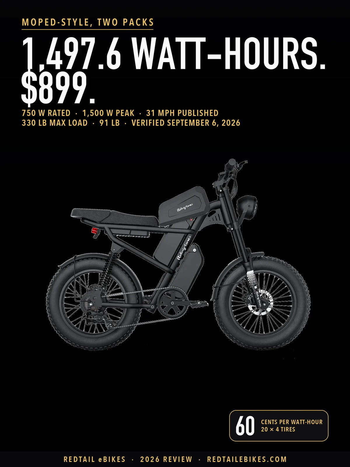 Riding'times Z8 Pro moped-style electric bike photographed in profile, showing the tank-shaped top-tube battery and the second battery in the down tube