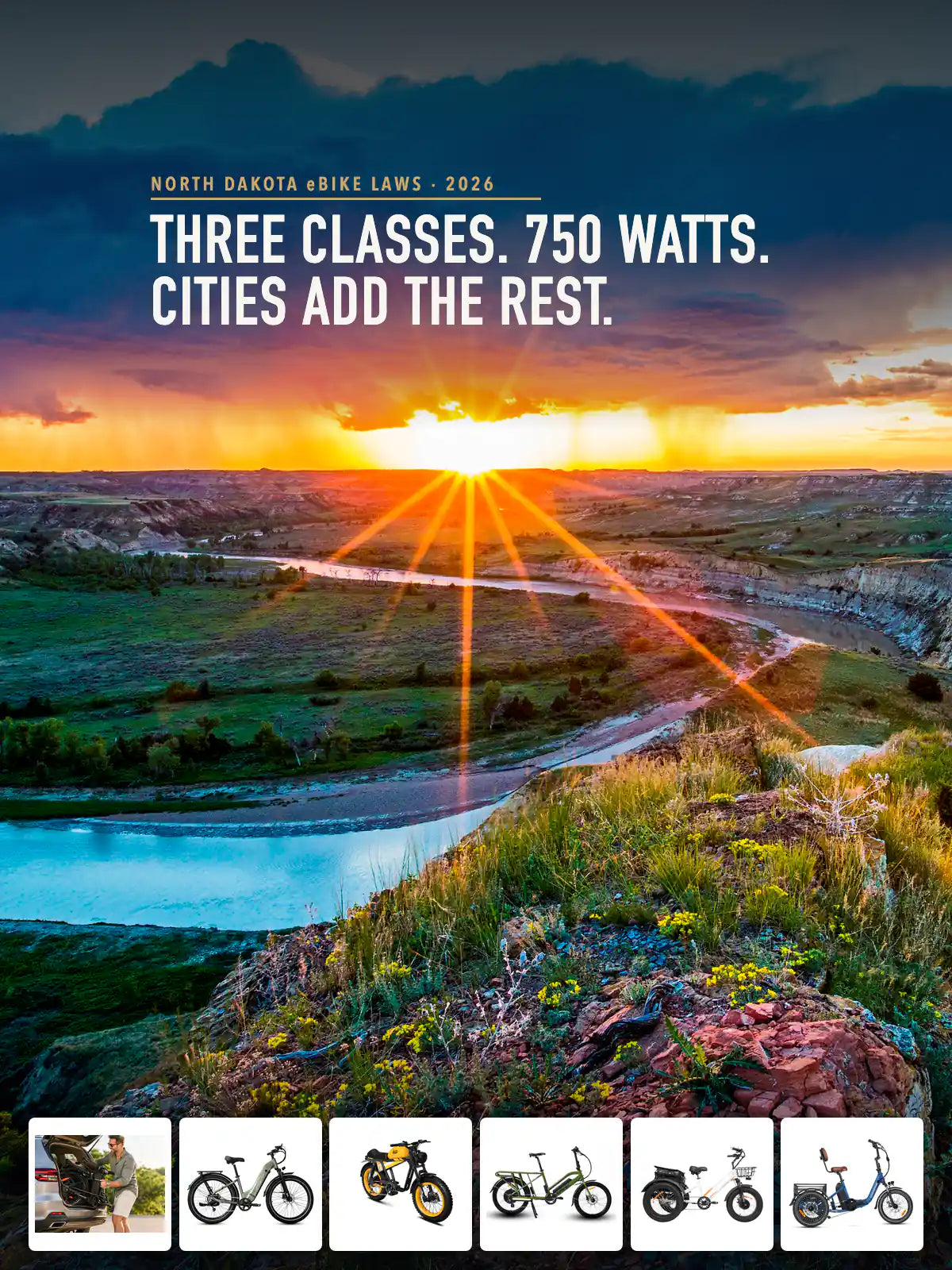 North Dakota eBike laws 2026 cover: THREE CLASSES. 750 WATTS. CITIES ADD THE REST. over the Little Missouri River and the badlands at the Wind Canyon overlook in Theodore Roosevelt National Park