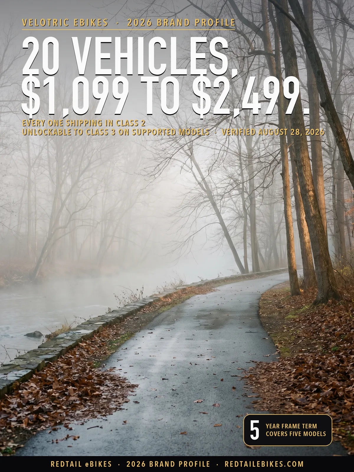 Velotric brand profile 2026 cover: 20 vehicles from $1,099 to $2,499, every one shipping in Class 2, over a fogged park path in Rock Creek Park