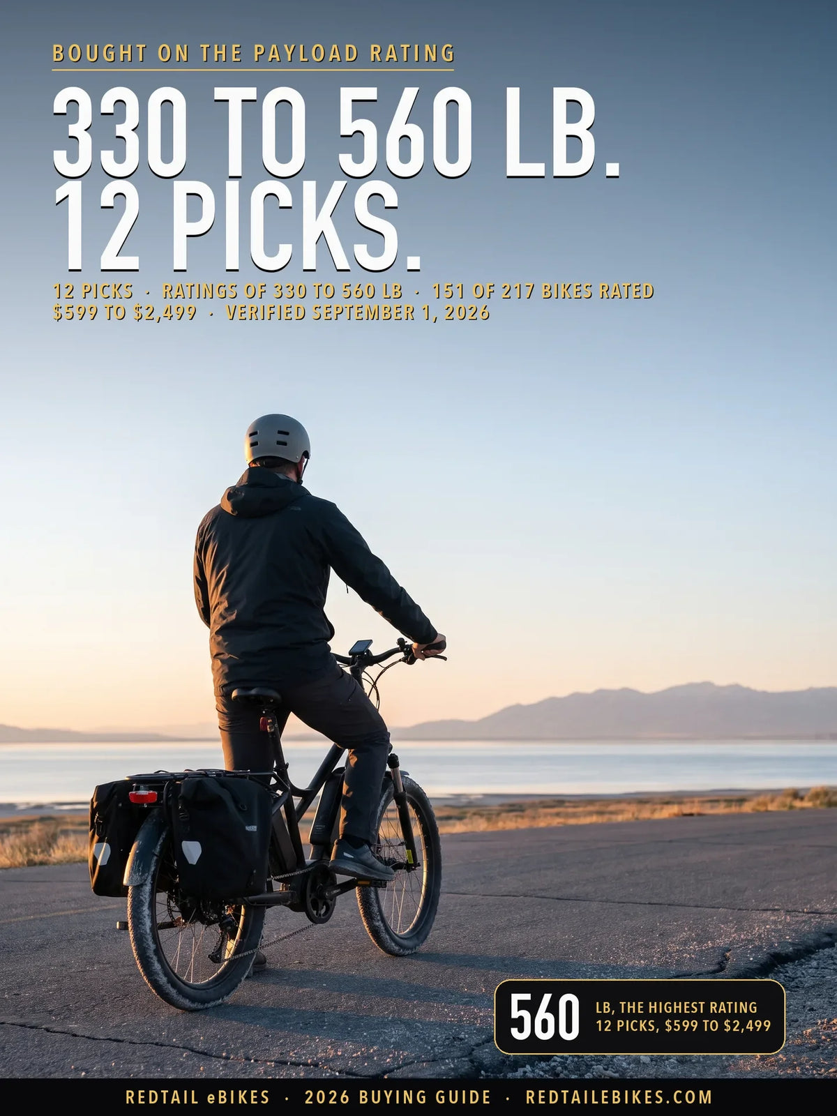 electric bike for heavy adults cover: a rider on an electric bike at Antelope Island State Park park road, Great Salt Lake, Utah, with the headline 330 TO 560 LB 12 PICKS and the stat 560 lb, the highest rating