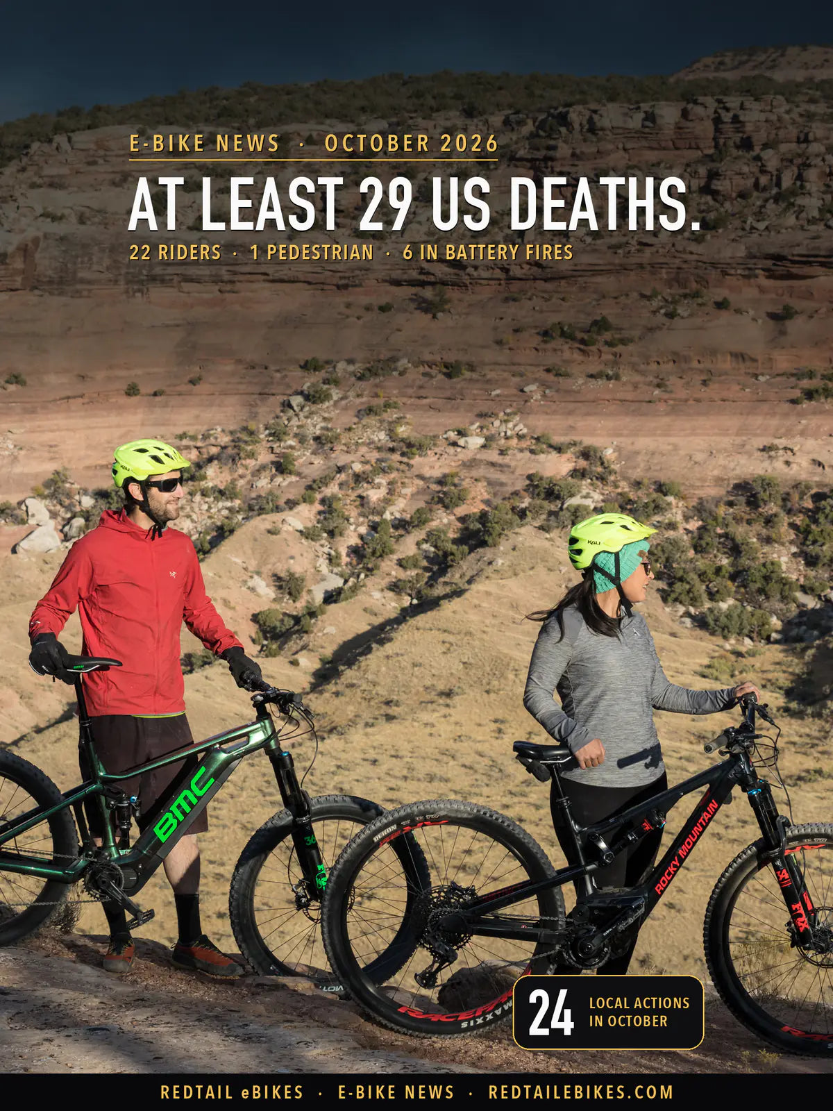 E-Bike News, October 2026 cover: two helmeted riders stand with their e-bikes on a canyon rim in McInnis Canyons, Colorado, under the headline AT LEAST 29 US DEATHS.