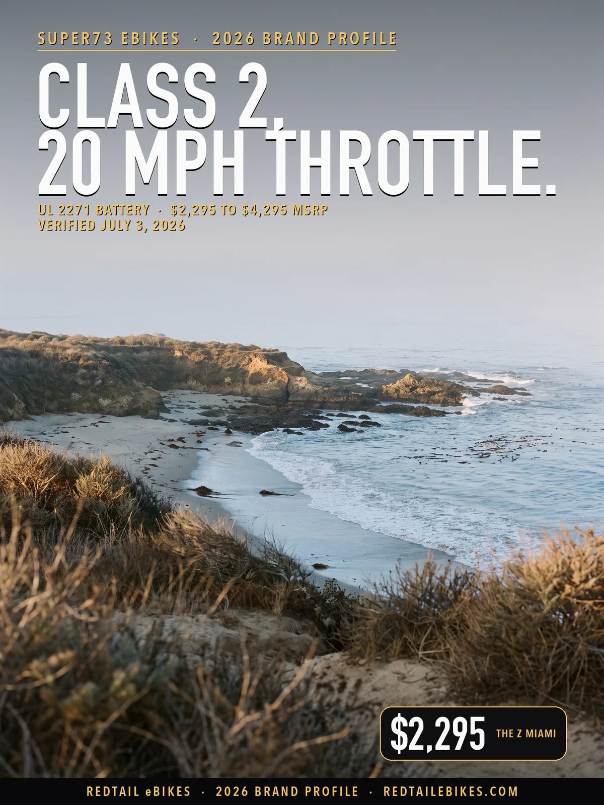 Super73 brand profile 2026 cover: Class 2, 20 mph throttle, UL 2271 battery, over the seashore at Crystal Cove State Park