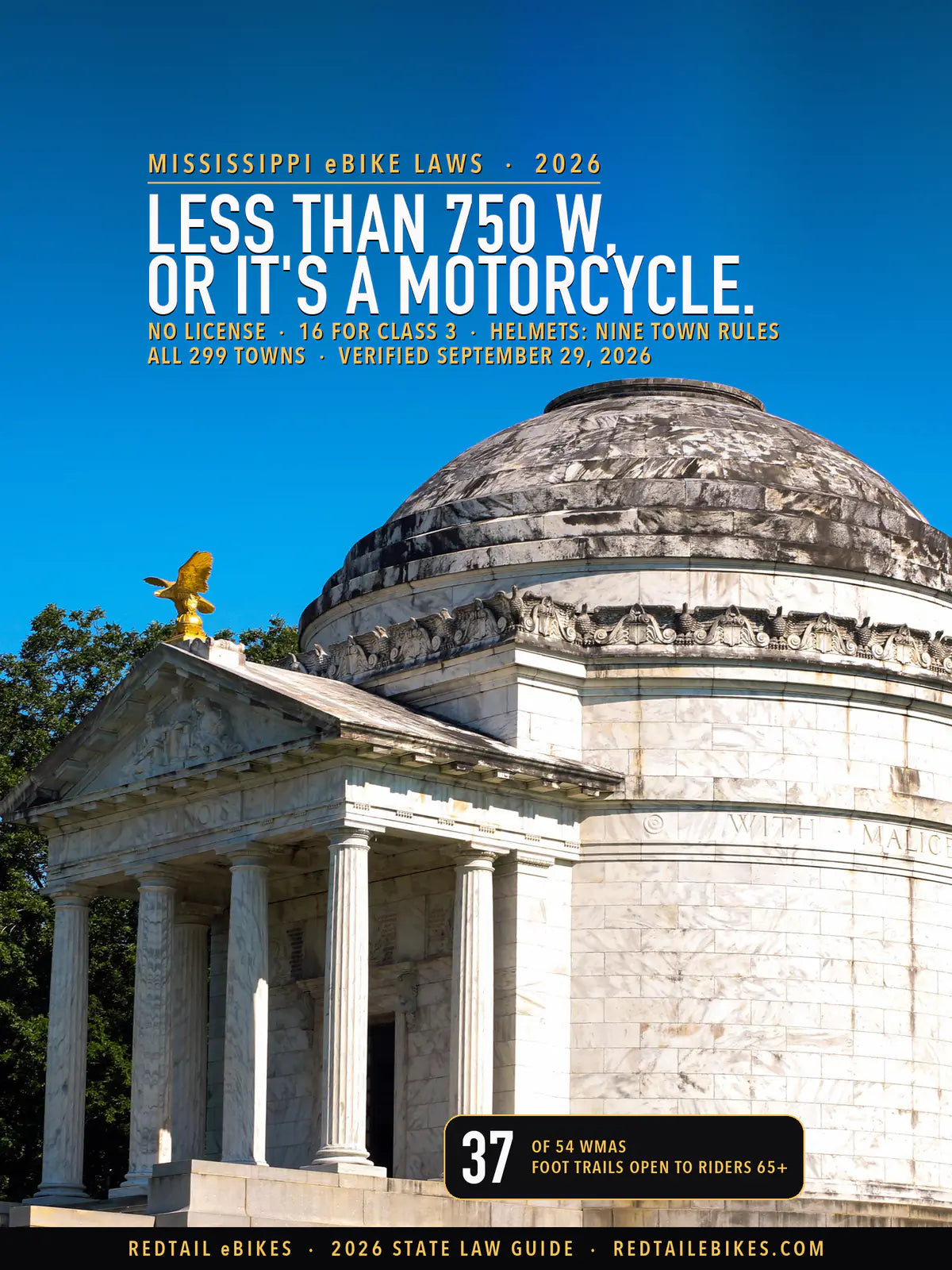 Mississippi eBike laws 2026 cover: LESS THAN 750 W, OR IT'S A MOTORCYCLE. over the Illinois Memorial at Vicksburg National Military Park, a domed white marble temple with a four-column portico and a gilded eagle against a clear blue sky