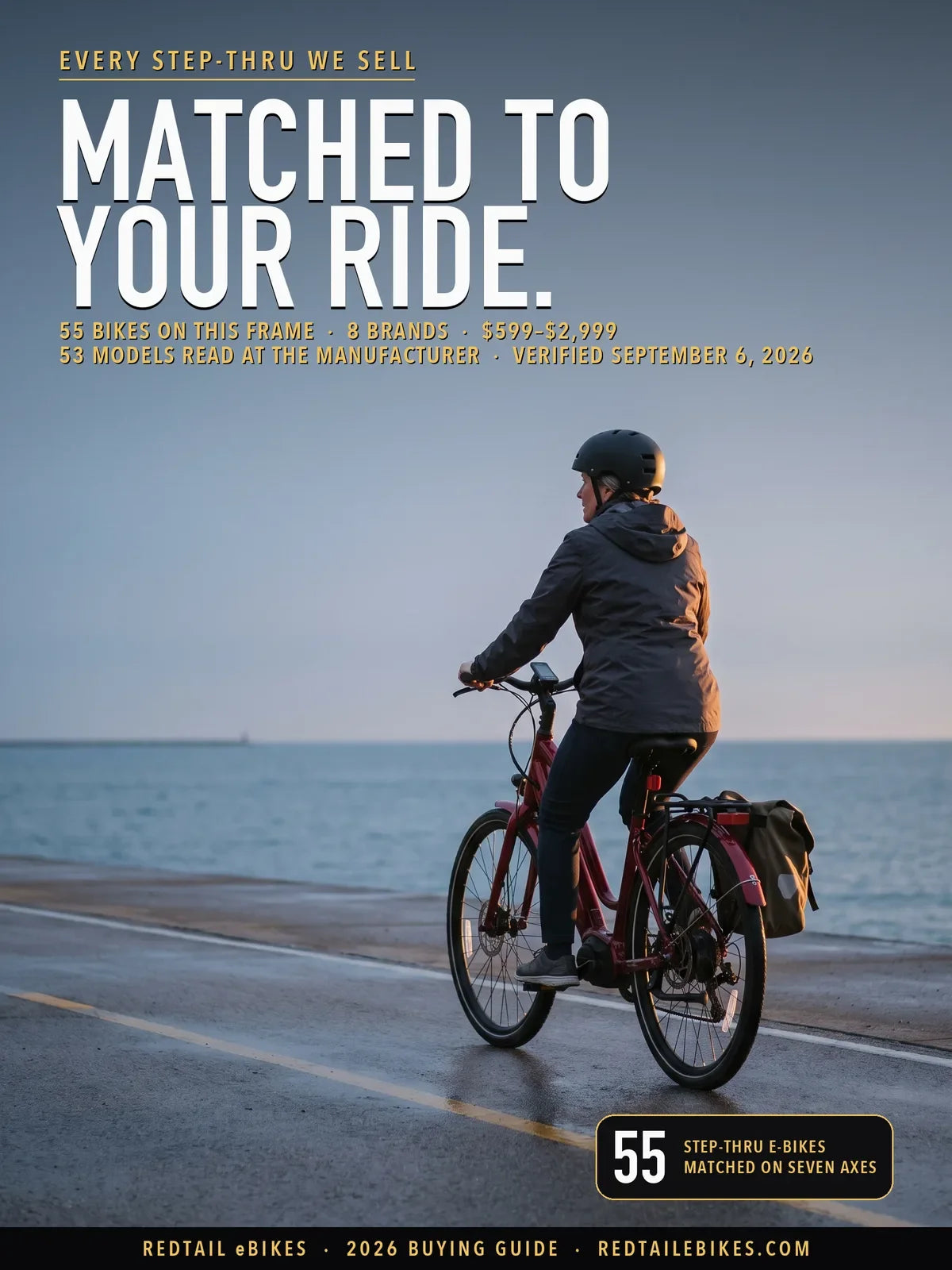 step-thru electric bikes cover: a rider on a red step-through electric bike on the separated Lakefront Trail beside Lake Michigan in Chicago at dawn