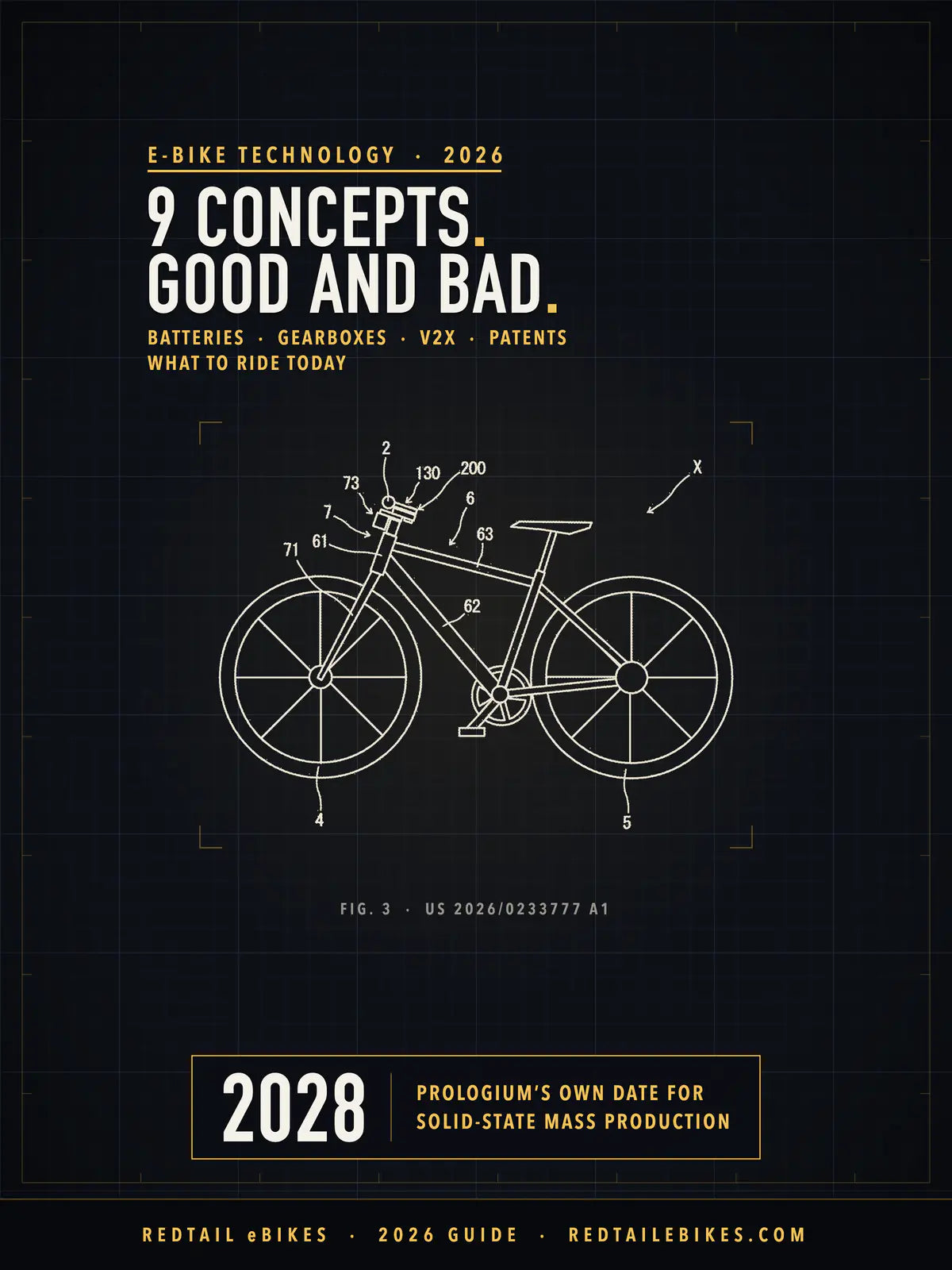 E-bike technology 2026 cover: 9 CONCEPTS. GOOD AND BAD. over Figure 3 of Yamaha Motor's 2026 US patent application for a bicycle steering assist motor unit, drawn in pale lines on a dark grid