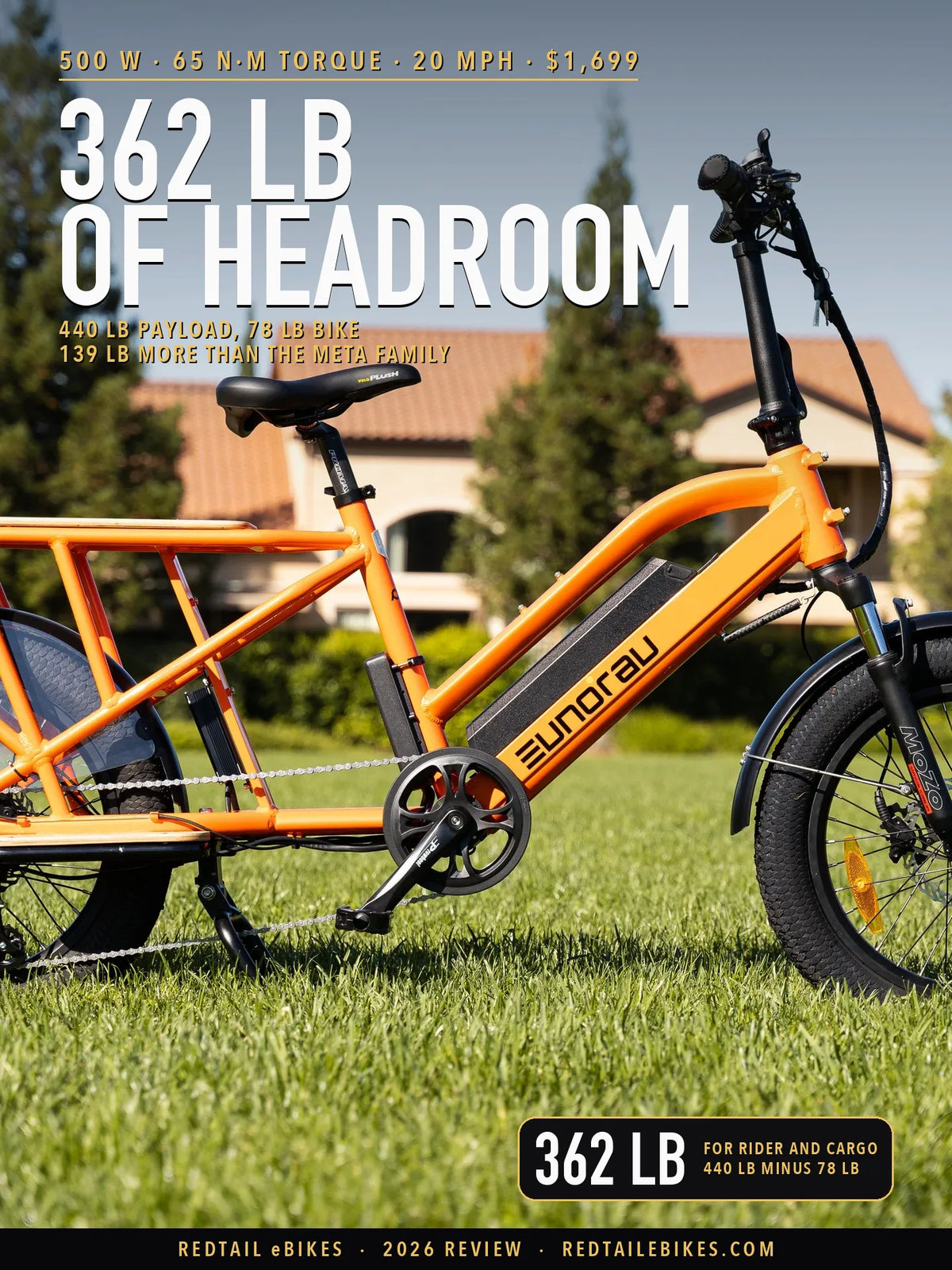 Eunorau G30-CARGO 2.0 electric cargo bike in Orange, parked on grass in front of a house, showing the long-tail frame, rear cargo rack and 20 by 3.0 inch tires