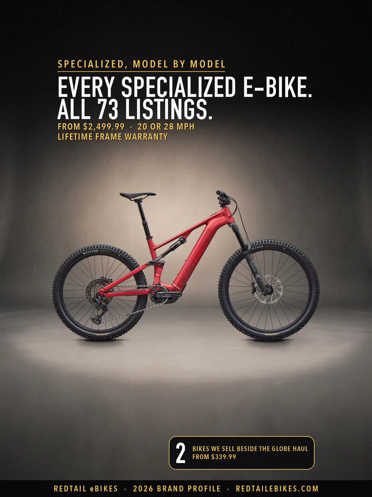 Specialized's own photograph of its Turbo Levo 4 Alloy in a studio scene built around it. Title: Every Specialized e-bike. All 73 listings. From $2,499.99, 20 or 28 mph, lifetime frame warranty. Badge: 2 bikes we sell beside the Globe Haul, from $339.99