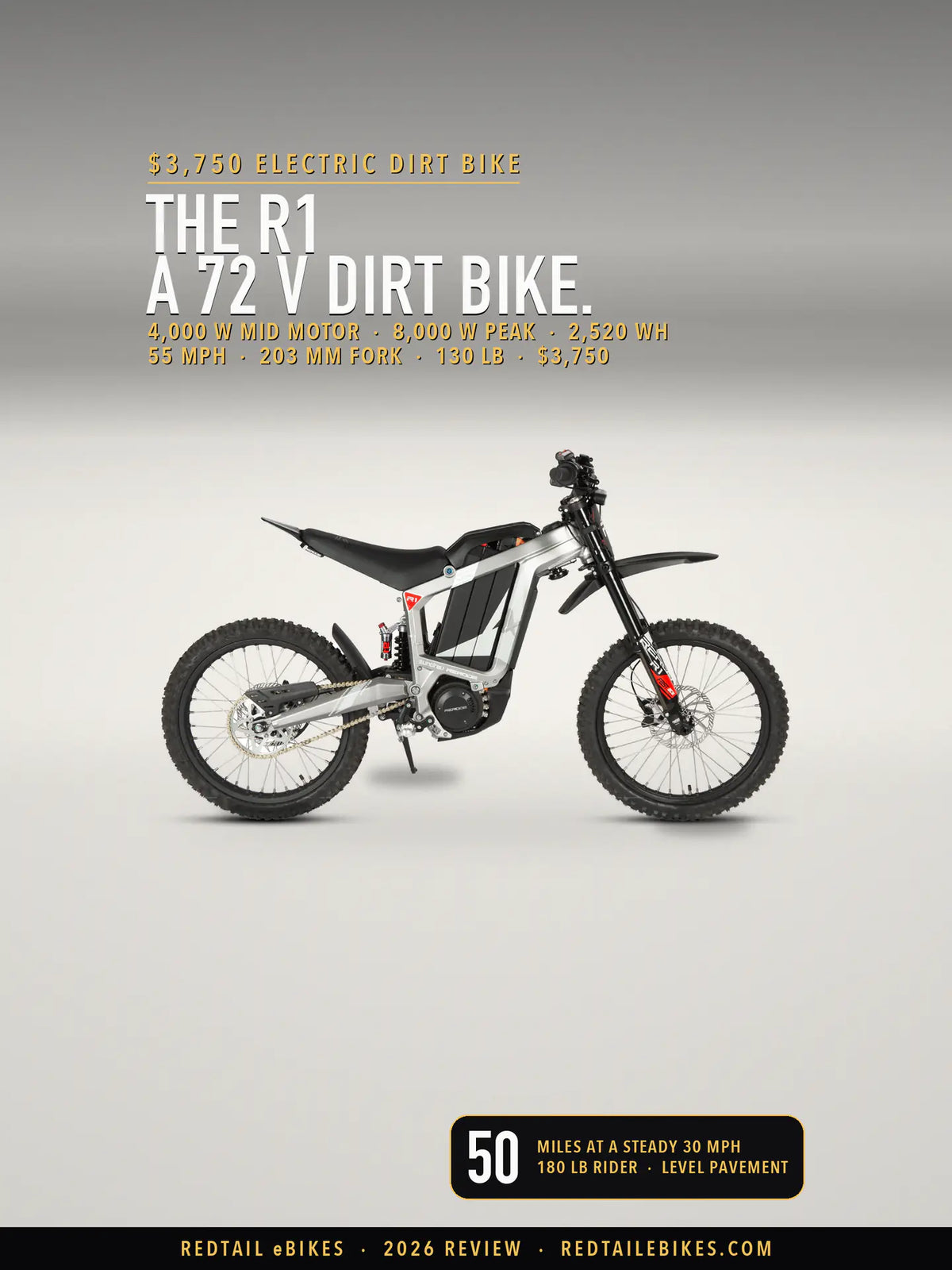 The Eunorau R1 electric dirt bike in Silver, chain side, on a light studio floor