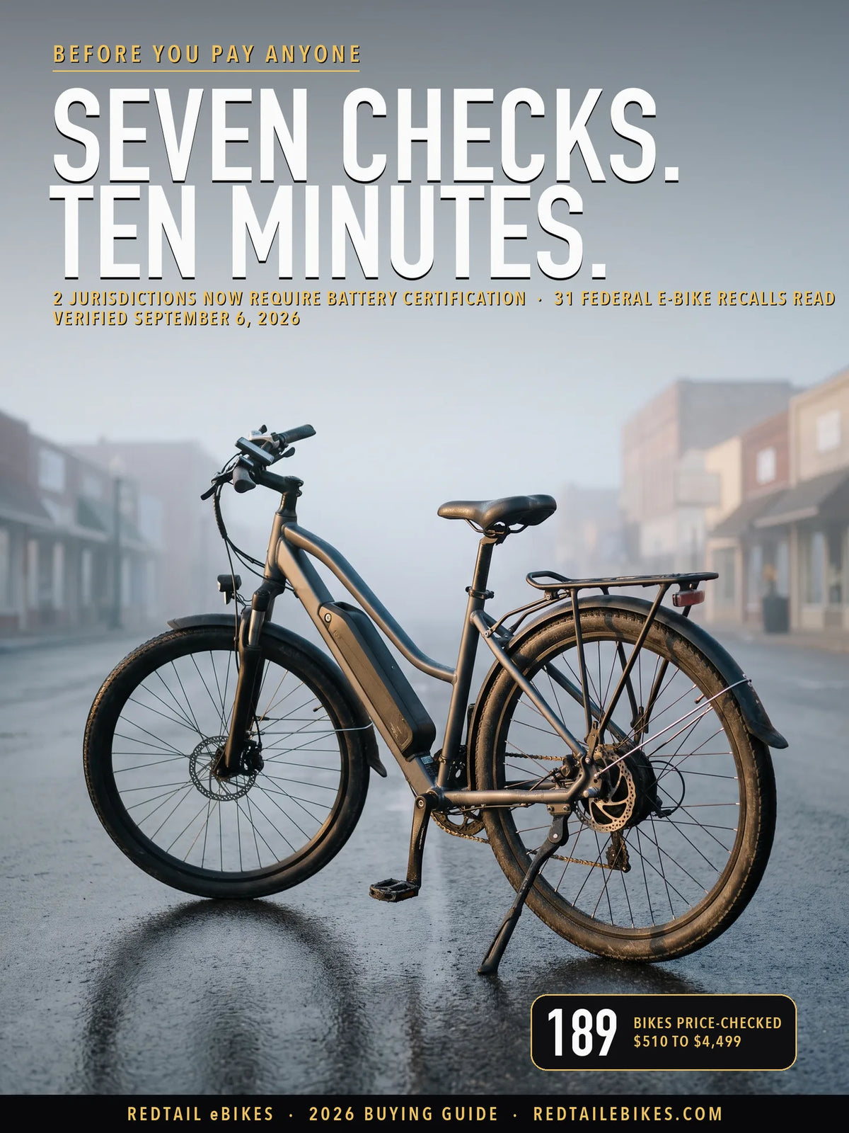 An electric bike on an empty main street at first light, the cover of Redtail's guide to where to buy an electric bike