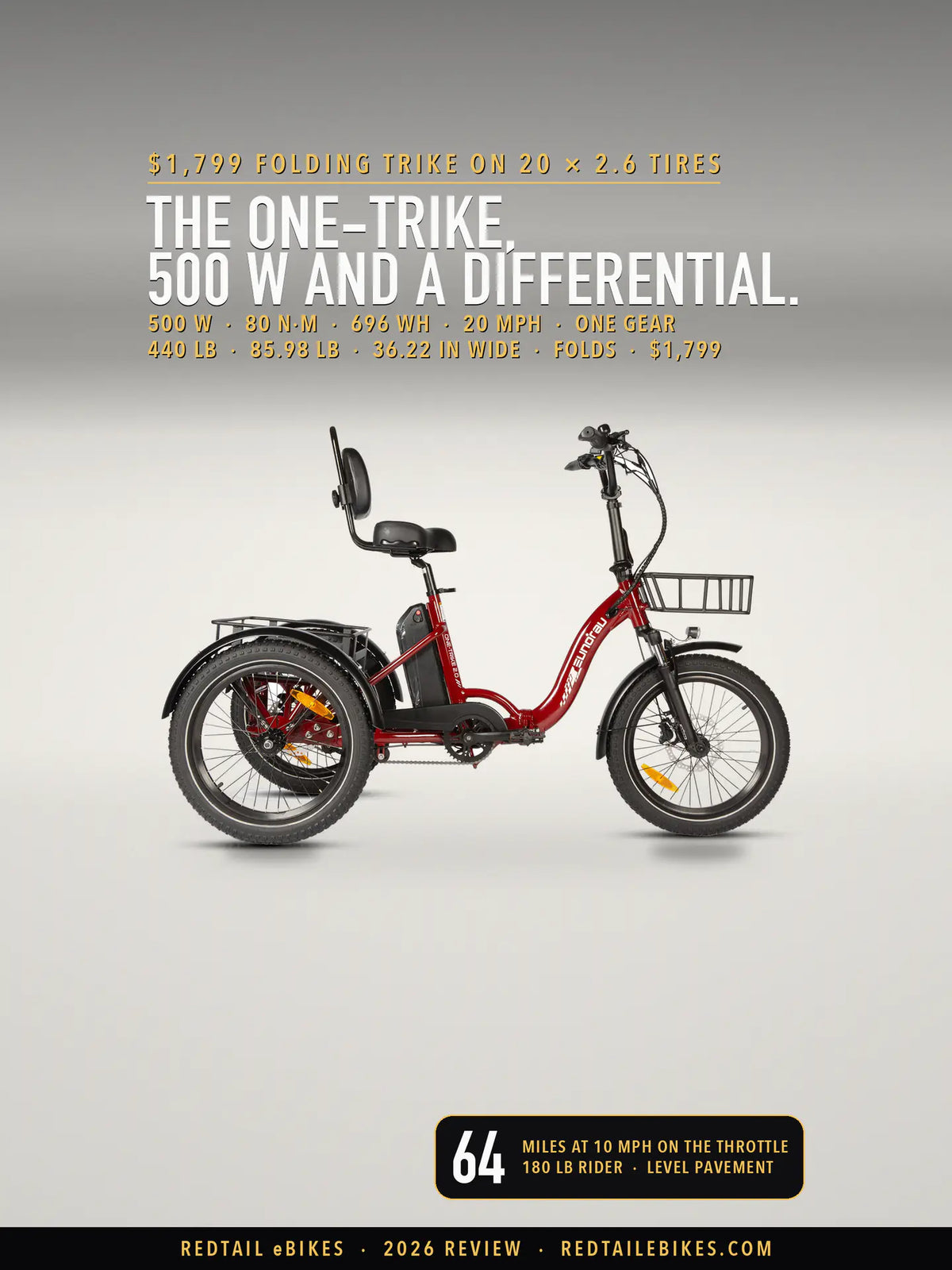 The Eunorau ONE-TRIKE 2.0 electric trike in Deep Crimson, drive side, on a light studio floor