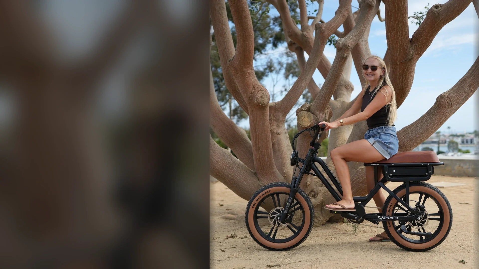 Eunorau FLASH LITE ST step-through moped-style electric bike with 20-inch fat tires on a coastal road