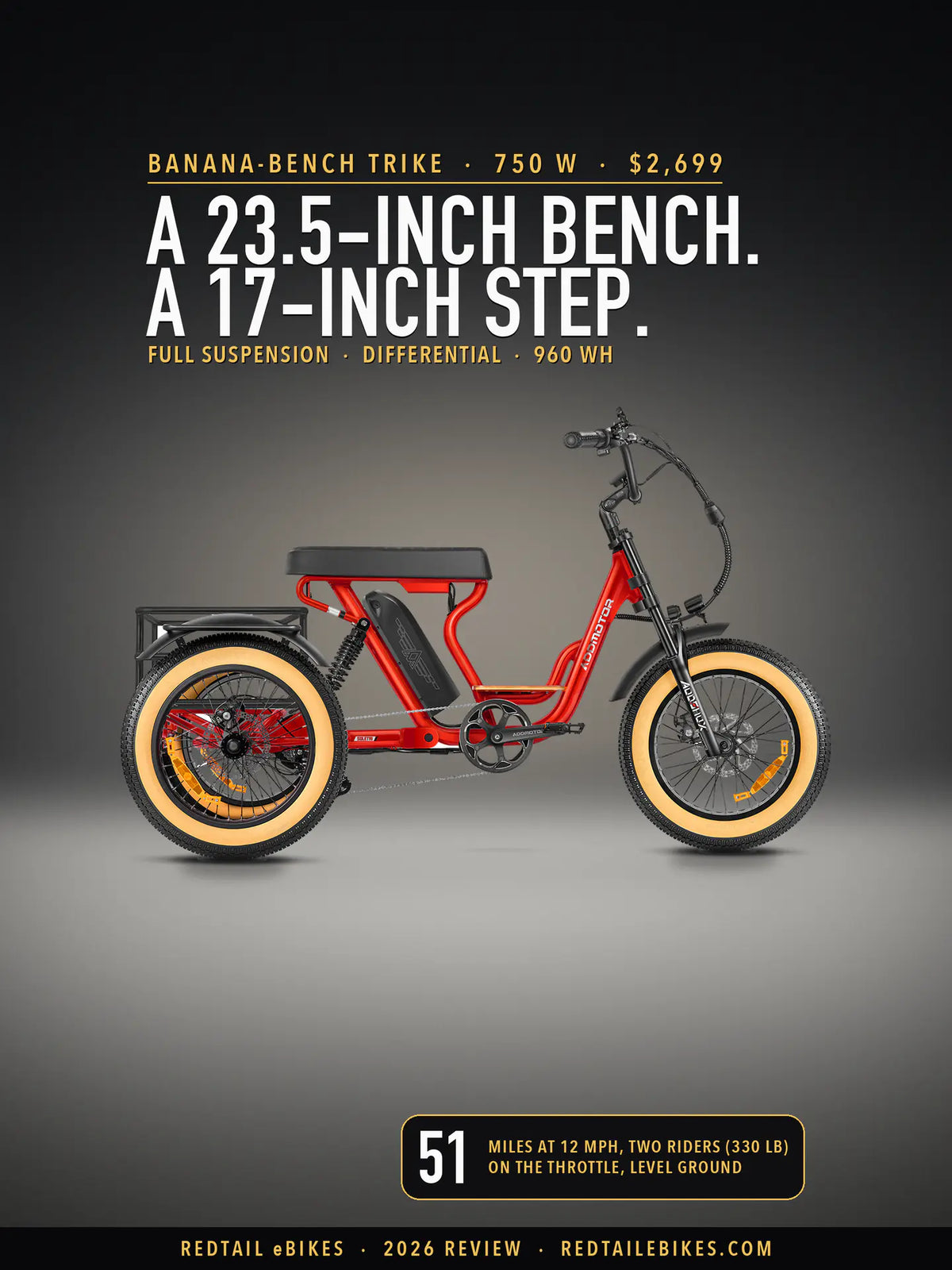 Addmotor Soletri II M-366X trike in Red on a lit studio floor, side view, under the headline A 23.5-inch bench. A 17-inch step. and a badge reading 51 miles at 12 mph, two riders (330 lb), on the throttle, level ground
