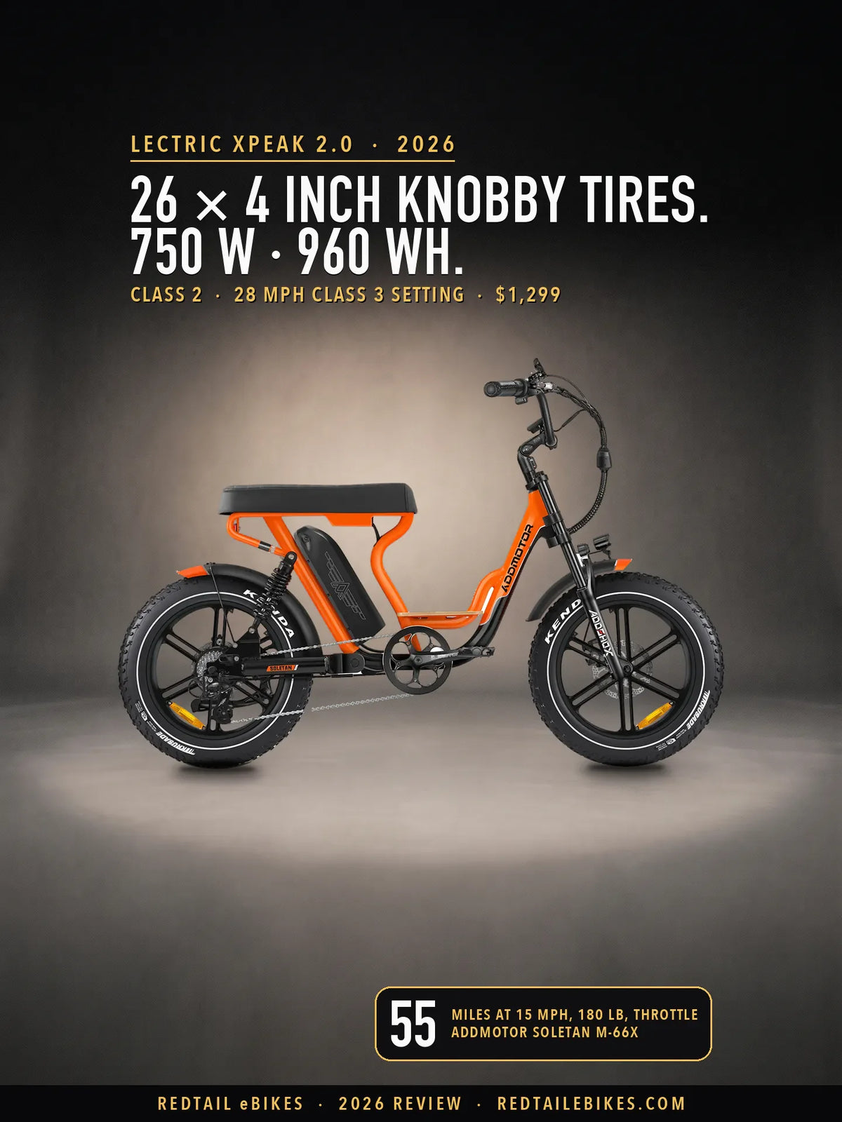 Lectric XPeak 2.0 review cover: 26 × 4 inch knobby tires, 750 W, 960 Wh, over the Addmotor Soletan M-66X in Orange, the full-suspension bike we sell beside it, Addmotor's own photograph set in a generated studio