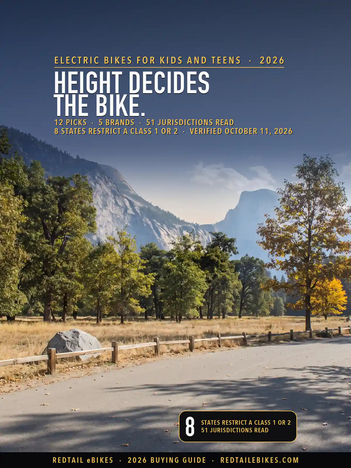 Electric bikes for kids and teens 2026 cover: HEIGHT DECIDES THE BIKE over the paved bike path in Yosemite Valley under Half Dome in early-autumn light, with the stat 8 states restrict a Class 1 or 2 of 51 jurisdictions read
