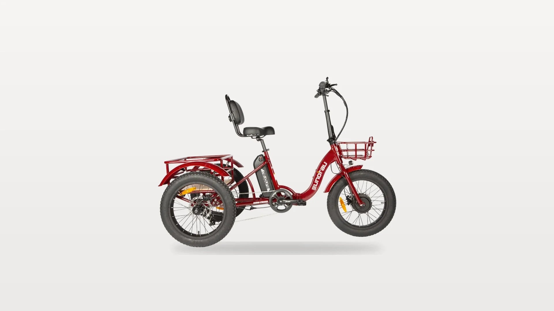 Eunorau NEW-TRIKE 2.0 folding electric trike, side profile showing the step-through frame, backrest and rear basket
