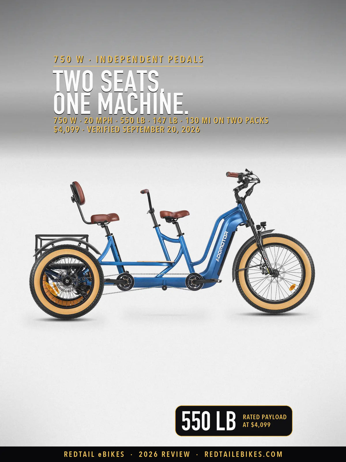 Addmotor M-380 tandem electric trike in blue, side view on a studio floor, showing both saddles, the rear backrest and the two rear wheels
